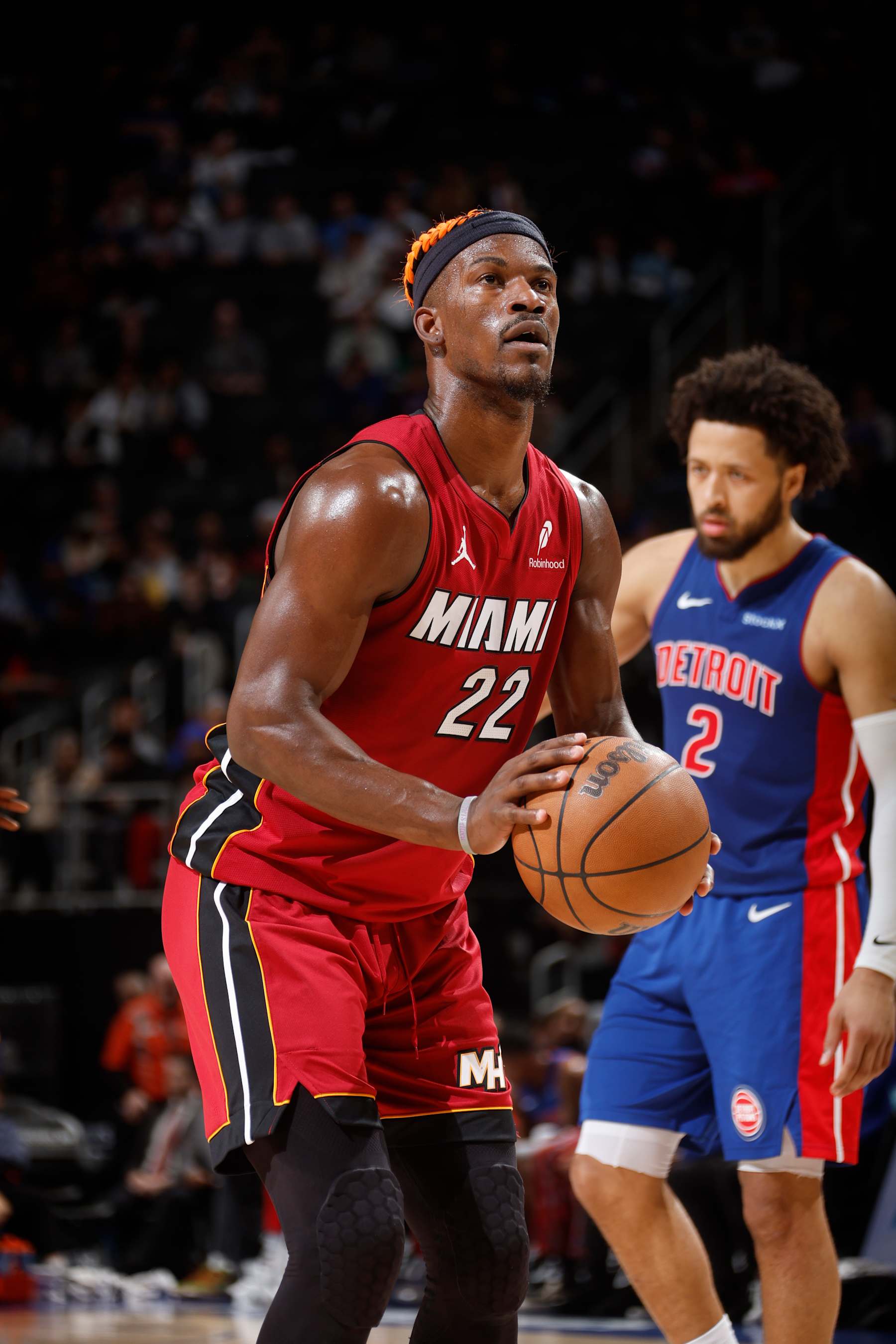 DETROIT, MI - DECEMBER 16: Jimmy Butler #22 of the Miami Heat shoots a free throw during the game against the Detroit Pistons on December 16, 2024 at Little Caesars Arena in Detroit, Michigan. NOTE TO USER: User expressly acknowledges and agrees that, by downloading and/or using this photograph, User is consenting to the terms and conditions of the Getty Images License Agreement. Mandatory Copyright Notice: Copyright 2024 NBAE (Photo by Brian Sevald/NBAE via Getty Images)