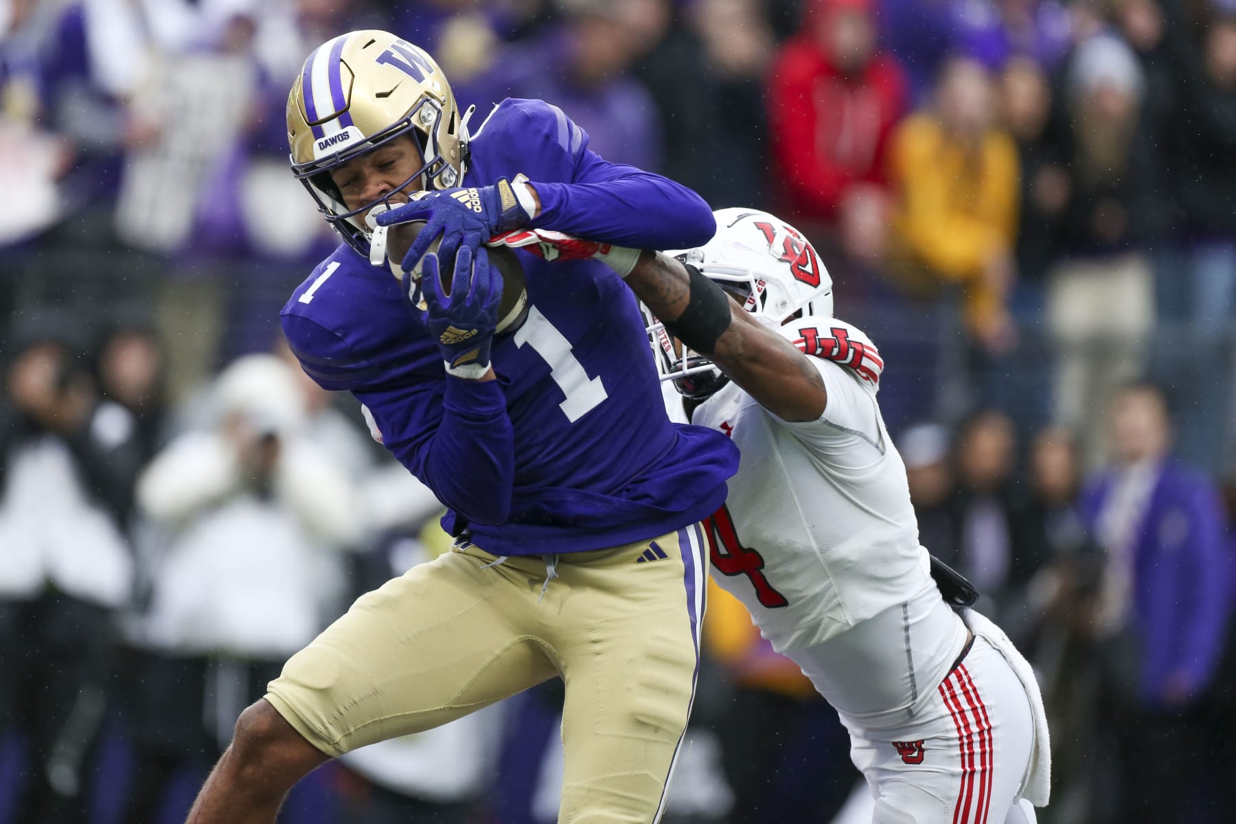 SEATTLE, WA - NOVEMBER 11:  Washington #1 (WR) Rome Odunze during a college football game between the Washington Huskies and the Utah Utes on November 11, 2023, at Husky Stadium in Seattle, WA. (Photo by Jesse Beals/Icon Sportswire via Getty Images)