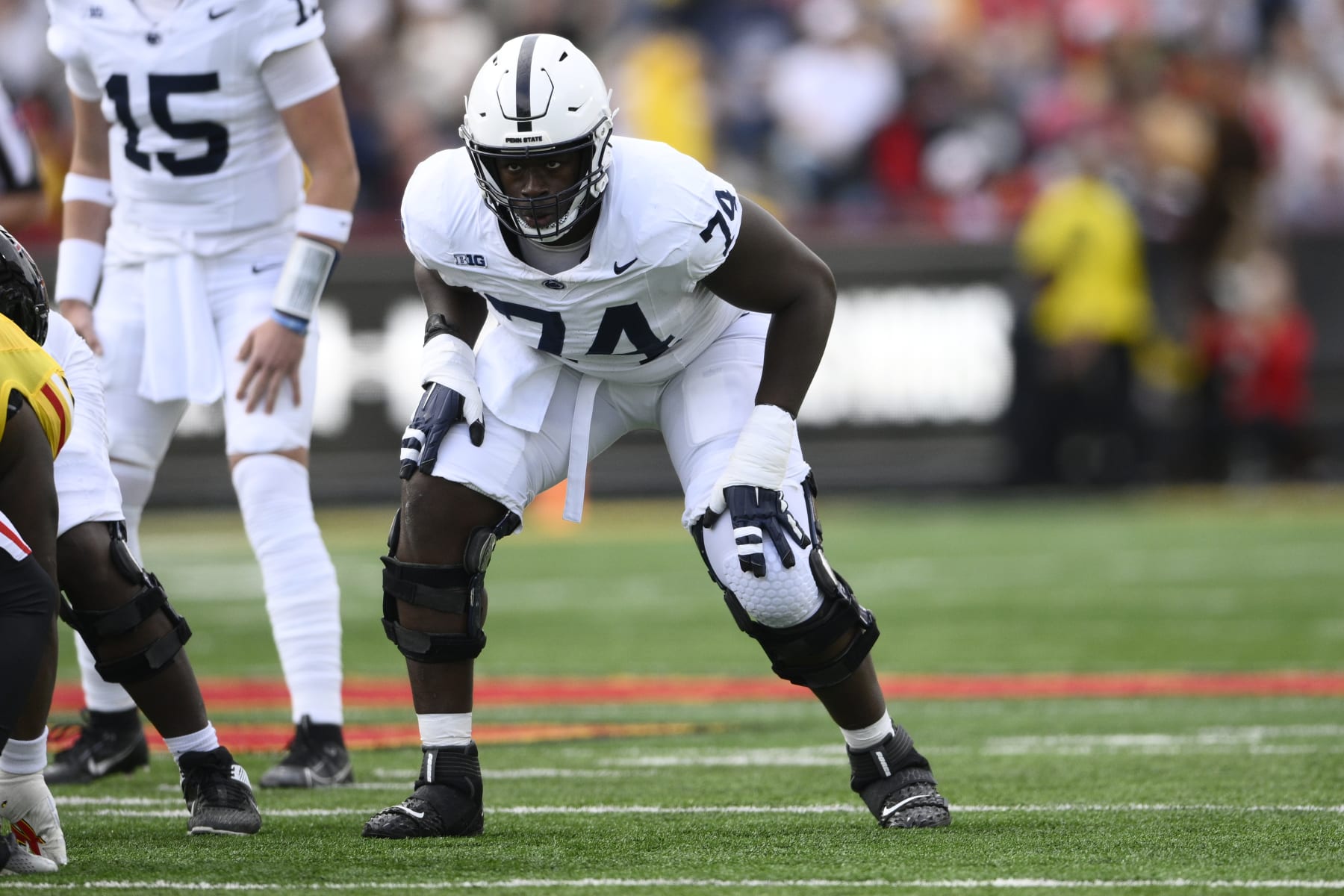 Penn State offensive lineman Olumuyiwa Fashanu (74) in action during the first half of an NCAA college football game against Maryland, Saturday, Nov. 4, 2023, in College Park, Md. (AP Photo/Nick Wass)