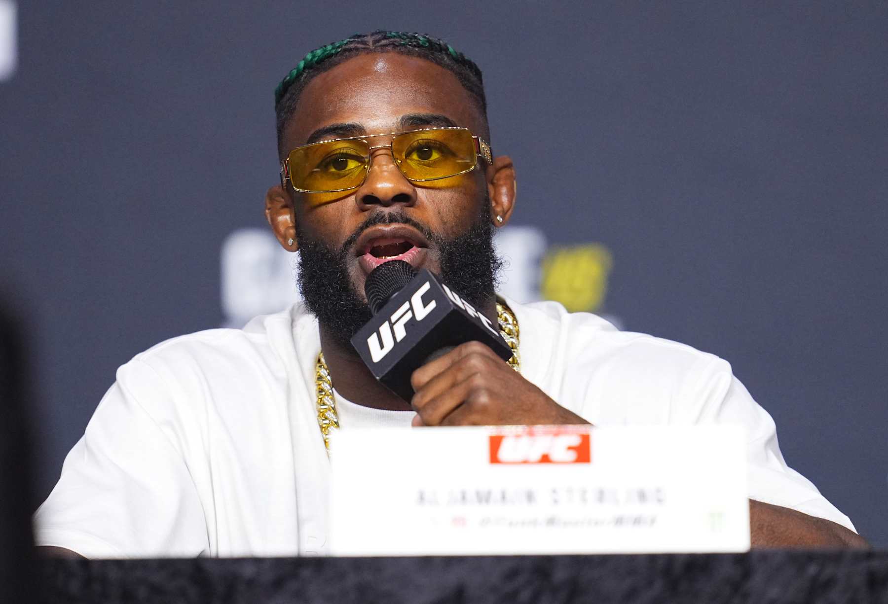 LAS VEGAS, NEVADA - APRIL 11: Aljamain Sterling is seen on stage during the UFC 300 press conference at MGM Grand Garden Arena on April 11, 2024 in Las Vegas, Nevada.  (Photo by Jeff Bottari/Zuffa LLC via Getty Images)