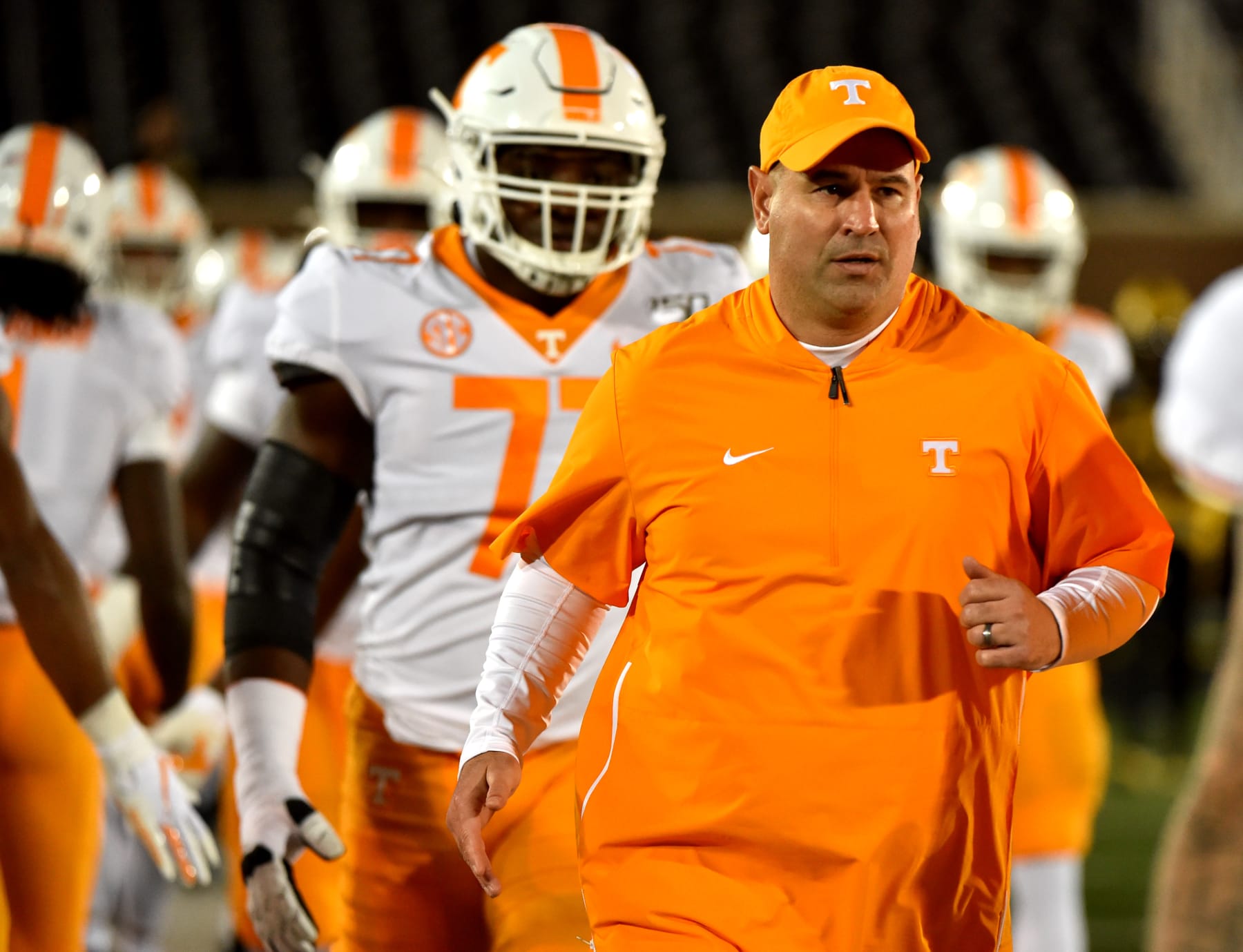COLUMBIA, MISSOURI - NOVEMBER 23:  Head coach Jeremy Pruitt of the Tennessee Volunteers leads his team to to the field prior to a game against the Missouri Tigers at Faurot Field/Memorial Stadium on November 23, 2019 in Columbia, Missouri. (Photo by Ed Zurga/Getty Images)