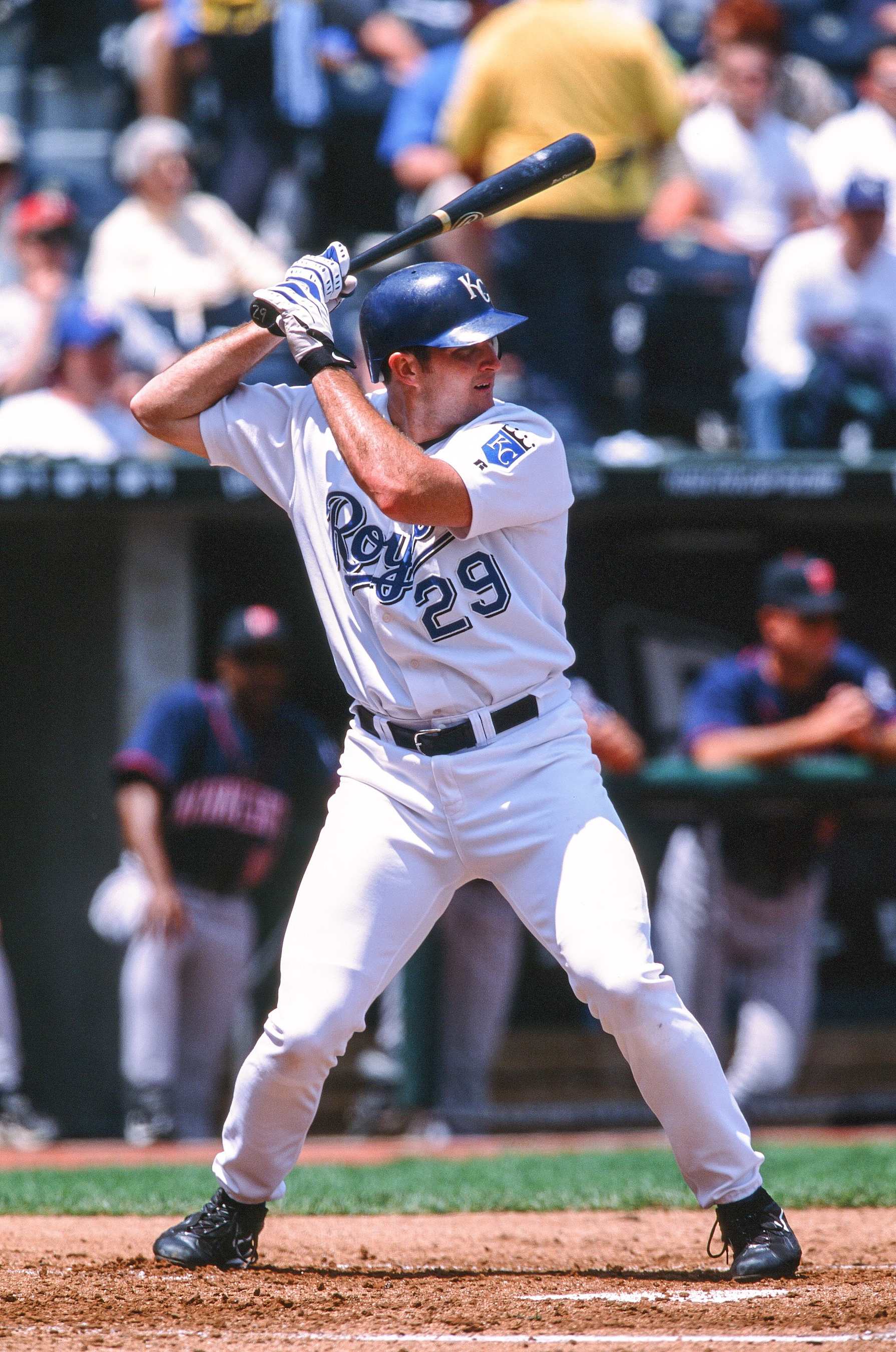 KANSAS CITY, MO - MAY 16:  Mike Sweeney of the Kansas City Royals bats during the game against the Minnesota Twins on May 16, 2002 at Kauffman Stadium in Kansas City, Missouri.  (Photo by Sporting News via Getty Images via Getty Images) 