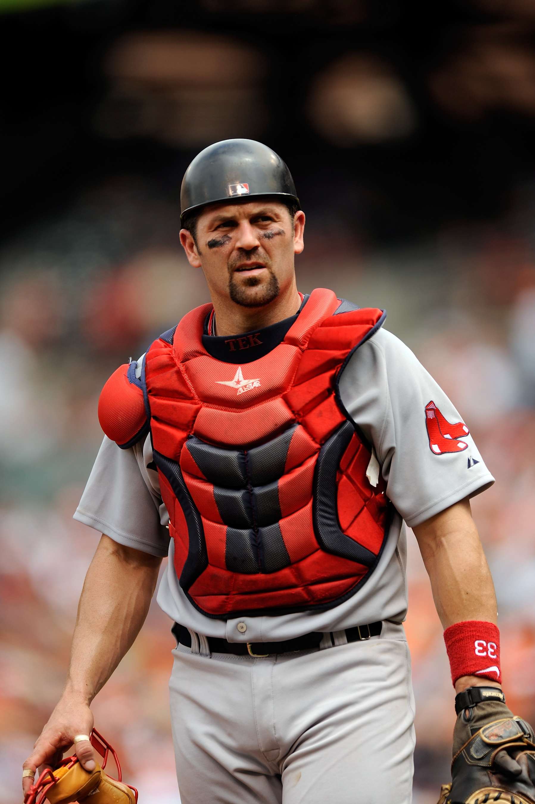 BALTIMORE - MAY 02:  Jason Varitek #33 of the Boston Red Sox plays catcher during the game against the Baltimore Orioles at Camden Yards on May 2, 2010 in Baltimore, Maryland.  (Photo by G Fiume/Getty Images)