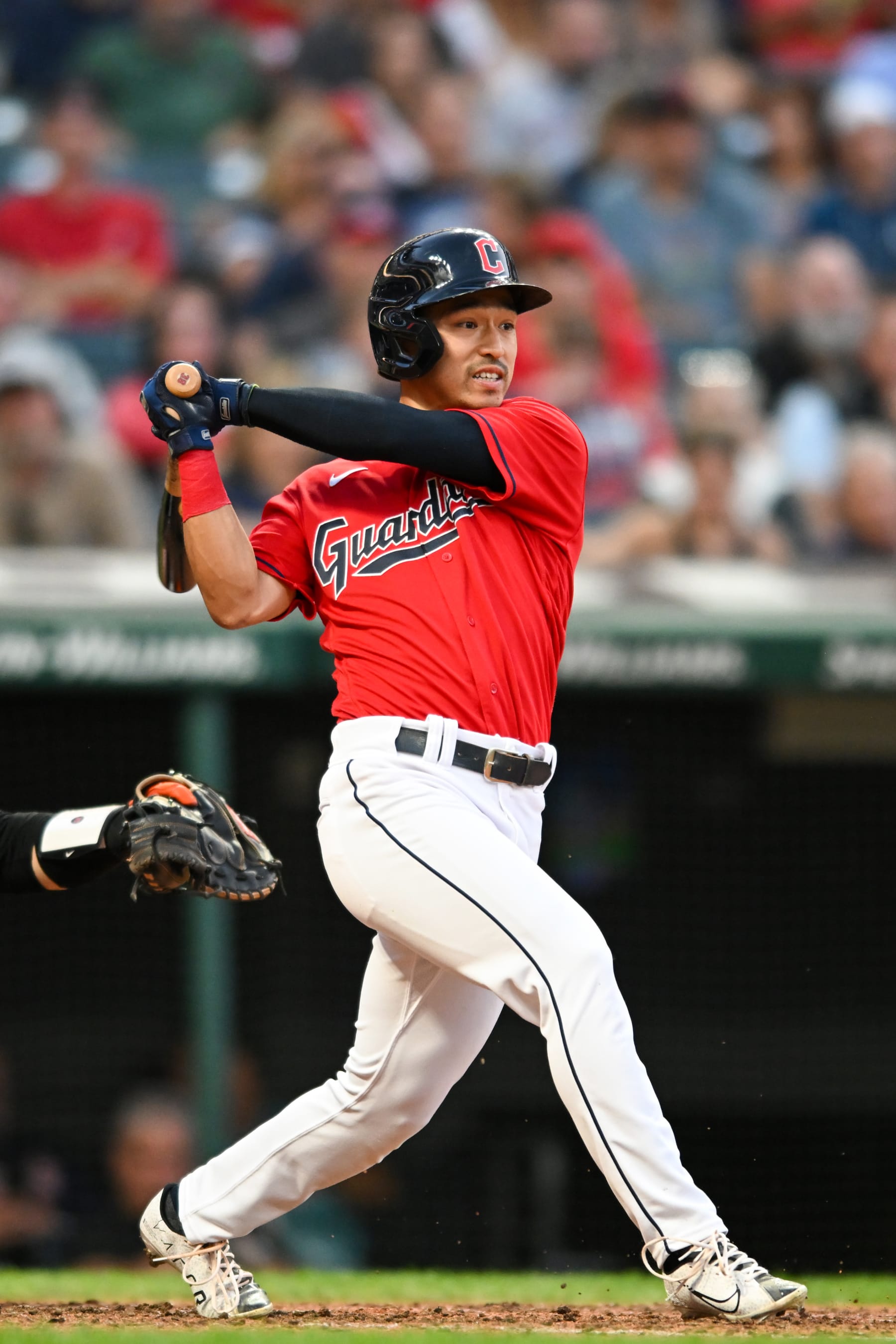 CLEVELAND, OH - AUGUST 31: Steven Kwan #38 of the Cleveland Guardians bats during the fifth inning against the Baltimore Orioles at Progressive Field on August 31, 2022 in Cleveland, Ohio. (Photo by Nick Cammett/Diamond Images via Getty Images)