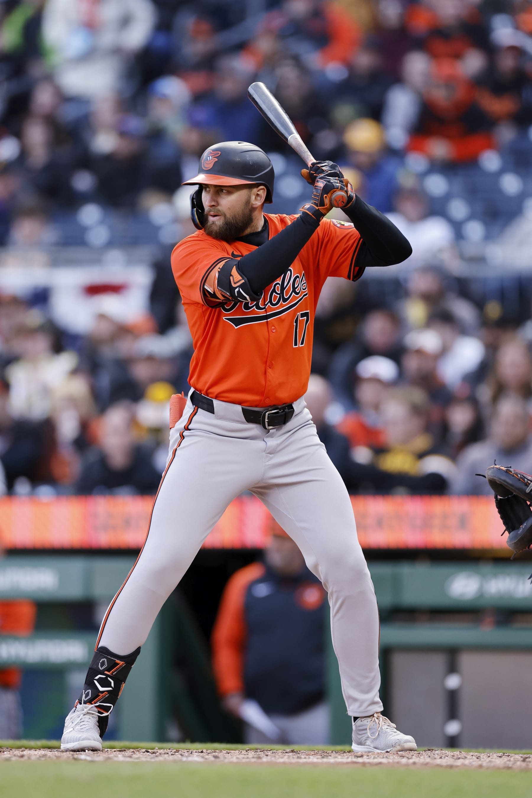 PITTSBURGH, PA - APRIL 06: Baltimore Orioles outfielder Colton Cowser (17) bats during an MLB game against the Pittsburgh Pirates on April 06, 2024 at PNC Park in Pittsburgh, Pennsylvania. (Photo by Joe Robbins/Icon Sportswire via Getty Images)
