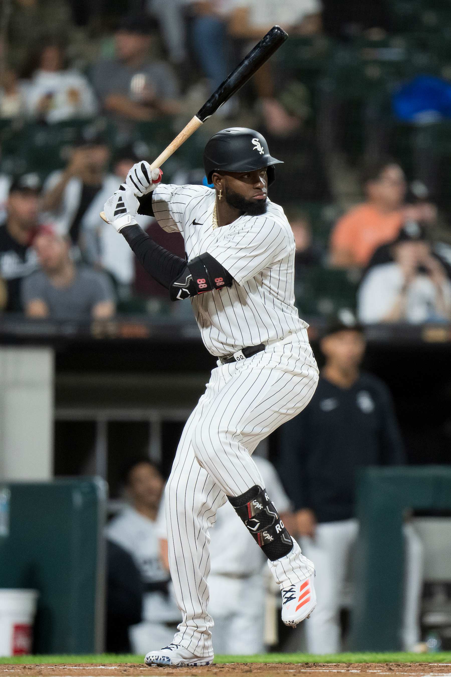 CHICAGO, ILLINOIS - SEPTEMBER 25: Luis Robert, Jr #88 of the Chicago White Sox bats in a game against the Los Angeles Angels at Guaranteed Rate Field on September 25, 2024 in Chicago, Illinois. (Photo by Matt Dirksen/Getty Images)