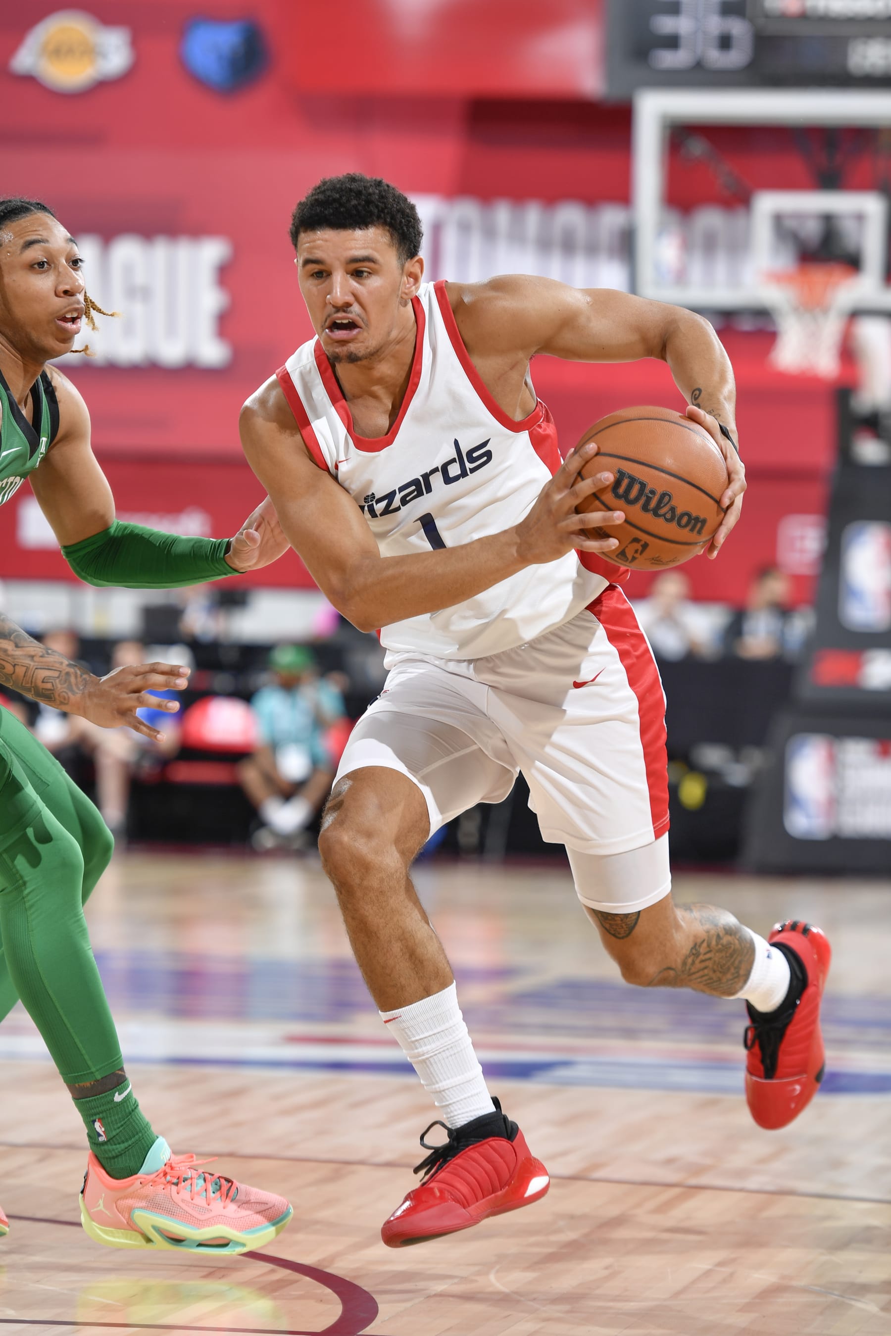 LAS VEGAS, NV - JULY 9:  Johnny Davis #1 of the Washington Wizards goes to the basket during the game during the 2023 NBA Las Vegas Summer League on July 9, 2023 at the The Cox Pavillion  in Las Vegas, Nevada. NOTE TO USER: User expressly acknowledges and agrees that, by downloading and or using this Photograph, User is consenting to the terms and conditions of the Getty Images License Agreement. Mandatory Copyright Notice: Copyright 2023 NBAE (Photo by Logan Riely/NBAE via Getty Images)