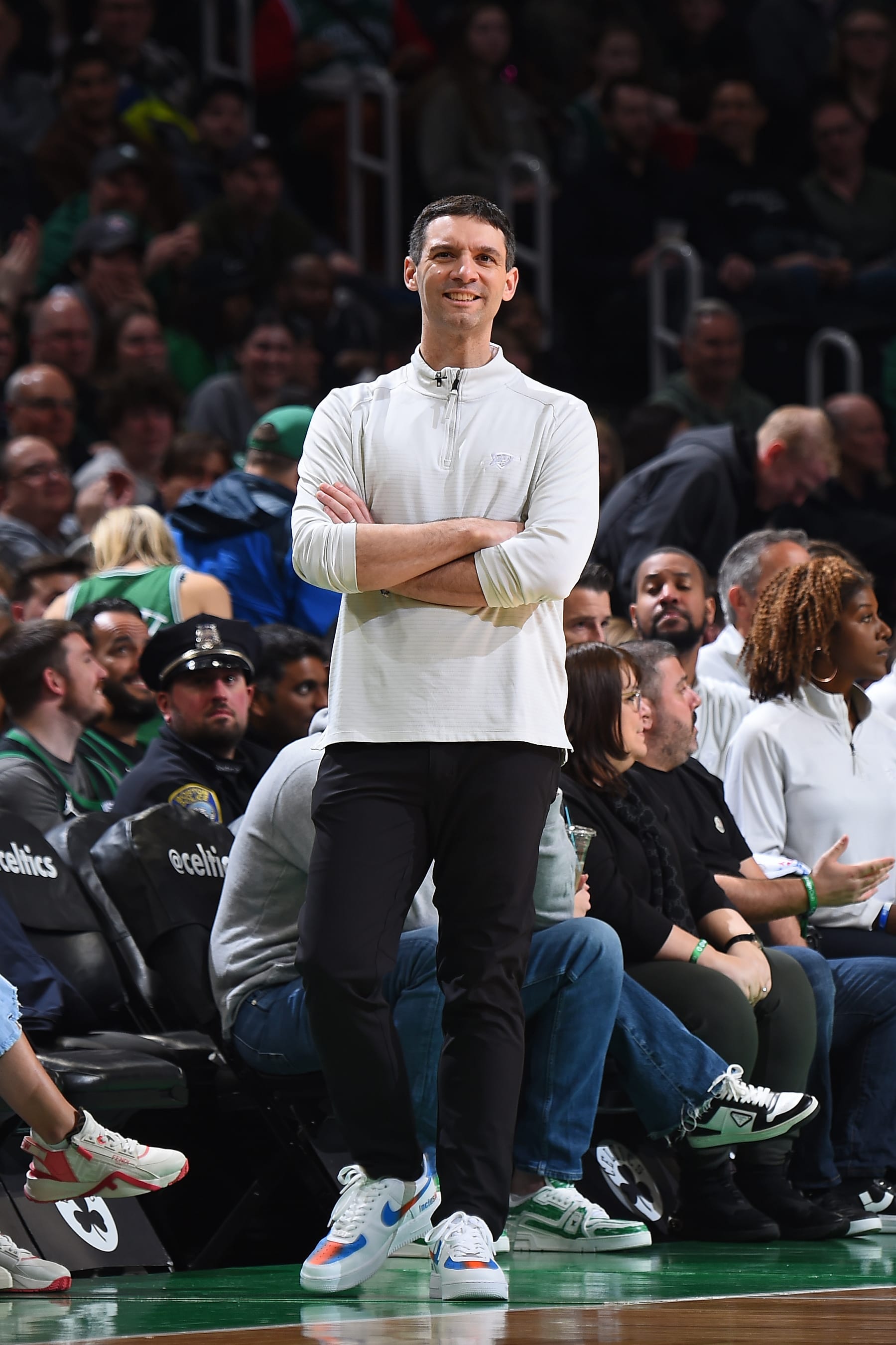BOSTON, MA - APRIL 3: Head Coach Mark Daigneault of the Oklahoma City Thunder smiles during the game against the Boston Celtics on April 3, 2024 at the TD Garden in Boston, Massachusetts. NOTE TO USER: User expressly acknowledges and agrees that, by downloading and or using this photograph, User is consenting to the terms and conditions of the Getty Images License Agreement. Mandatory Copyright Notice: Copyright 2024 NBAE  (Photo by Brian Babineau/NBAE via Getty Images)
