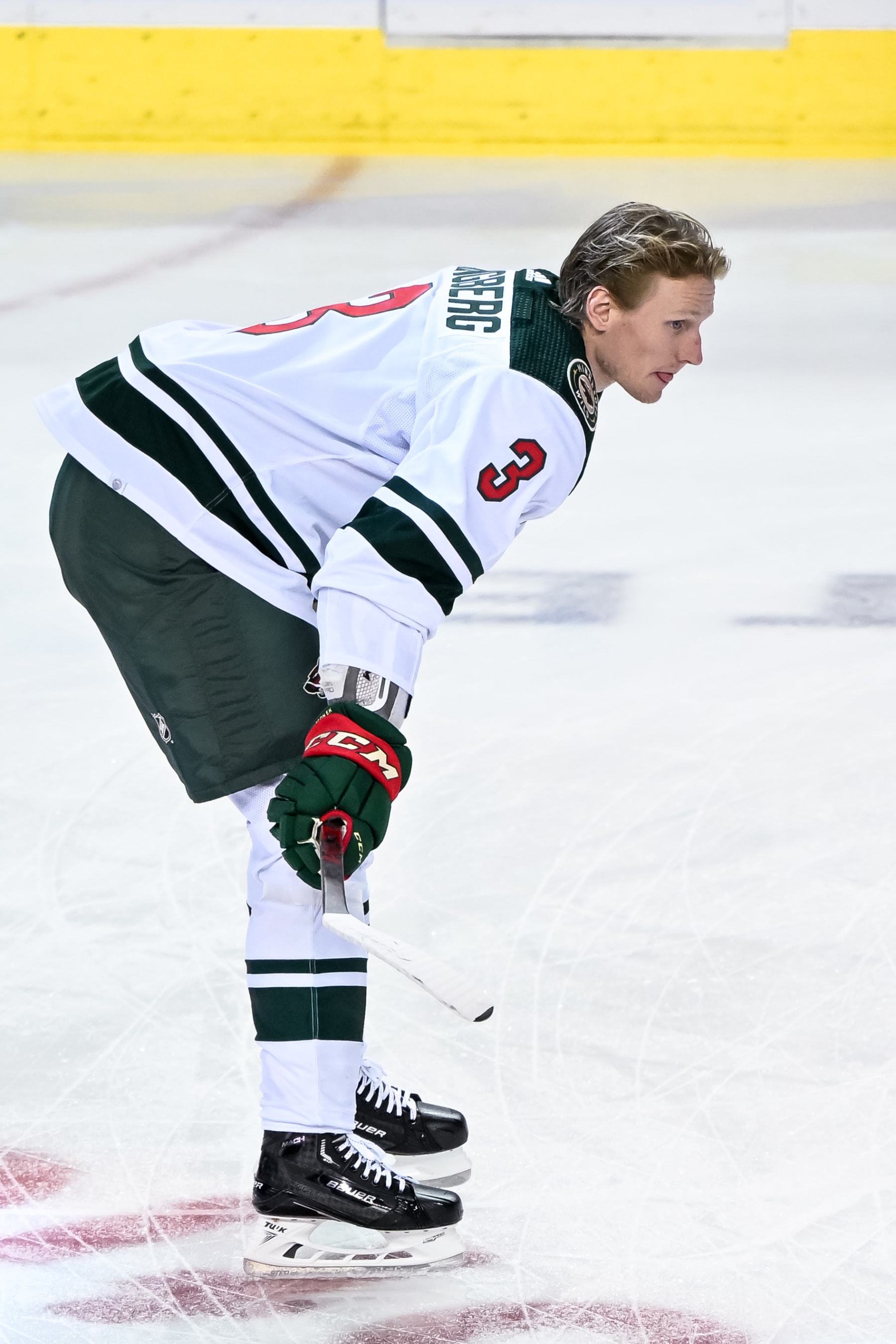 CALGARY, AB - MARCH 04: Minnesota Wild Defenceman John Klingberg (3) warms up before an NHL game between the Calgary Flames and the Minnesota Wild on March 4, 2023, at the Scotiabank Saddledome in Calgary, AB. (Photo by Brett Holmes/Icon Sportswire via Getty Images)