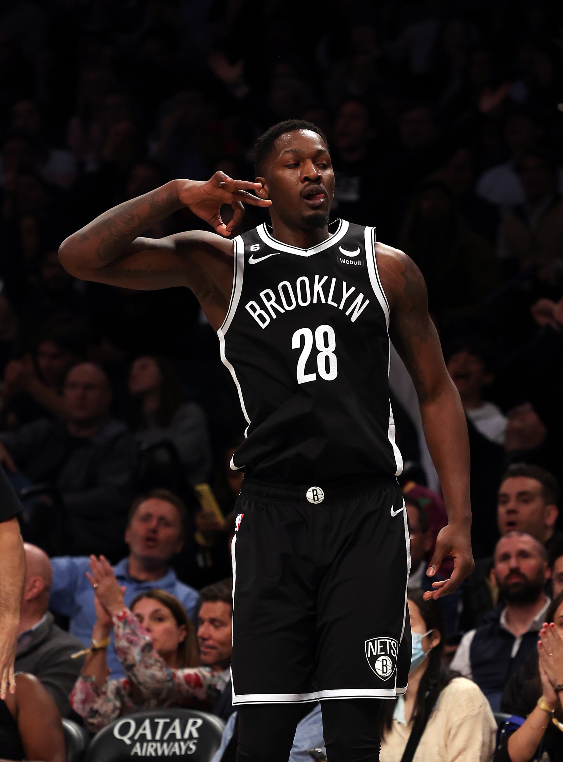 NEW YORK, NEW YORK - APRIL 04:  Dorian Finney-Smith #28 of the Brooklyn Nets reacts after making a three-pointer during the game against the Minnesota Timberwolves at Barclays Center on April 04, 2023 in New York City. (Photo by Jamie Squire/Getty Images)