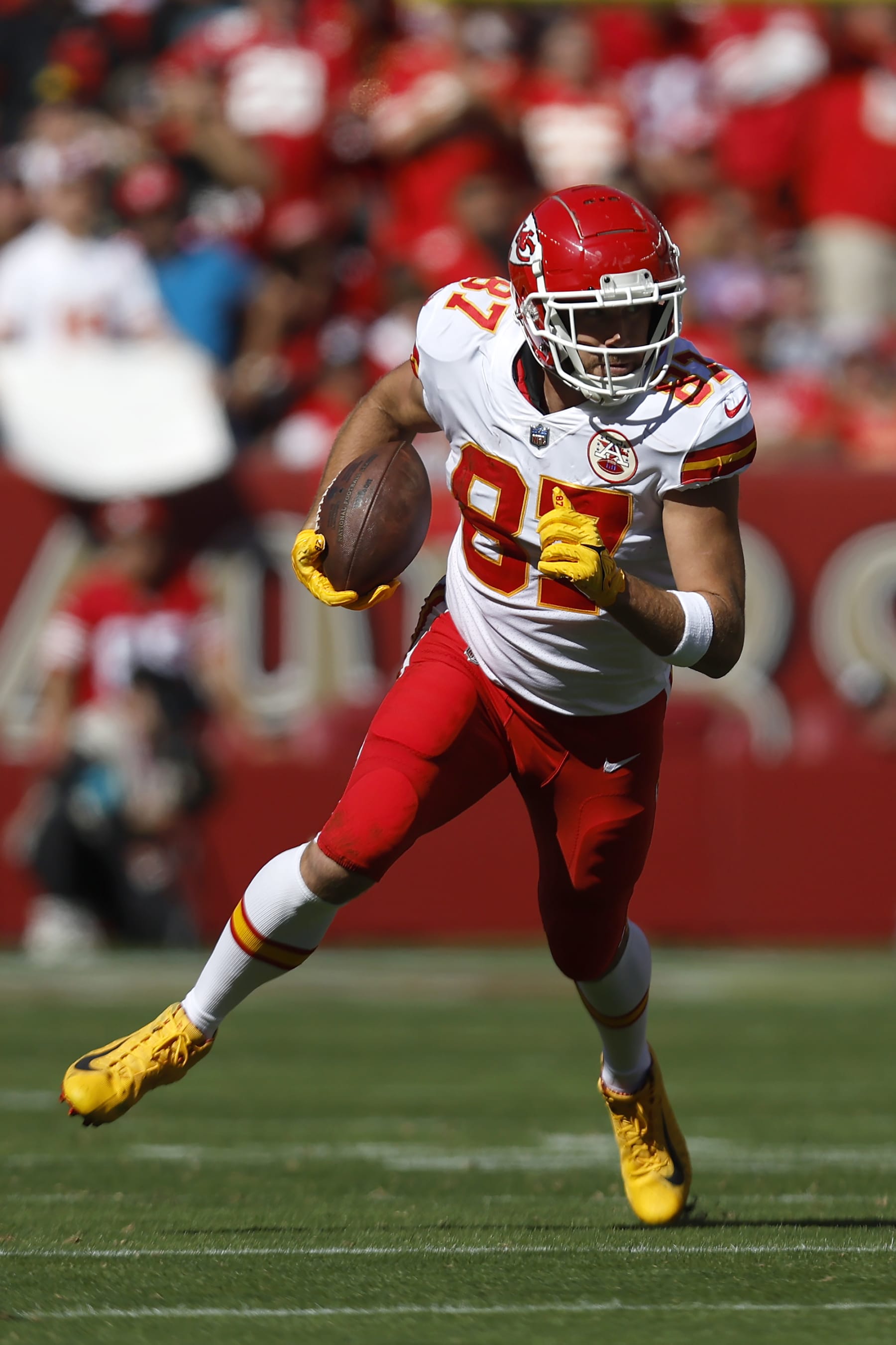 Kansas City Chiefs tight end Travis Kelce (87) during an NFL football game against the San Francisco 49ers in Santa Clara, Calif., Sunday, Oct. 23, 2022. (AP Photo/Jed Jacobsohn)