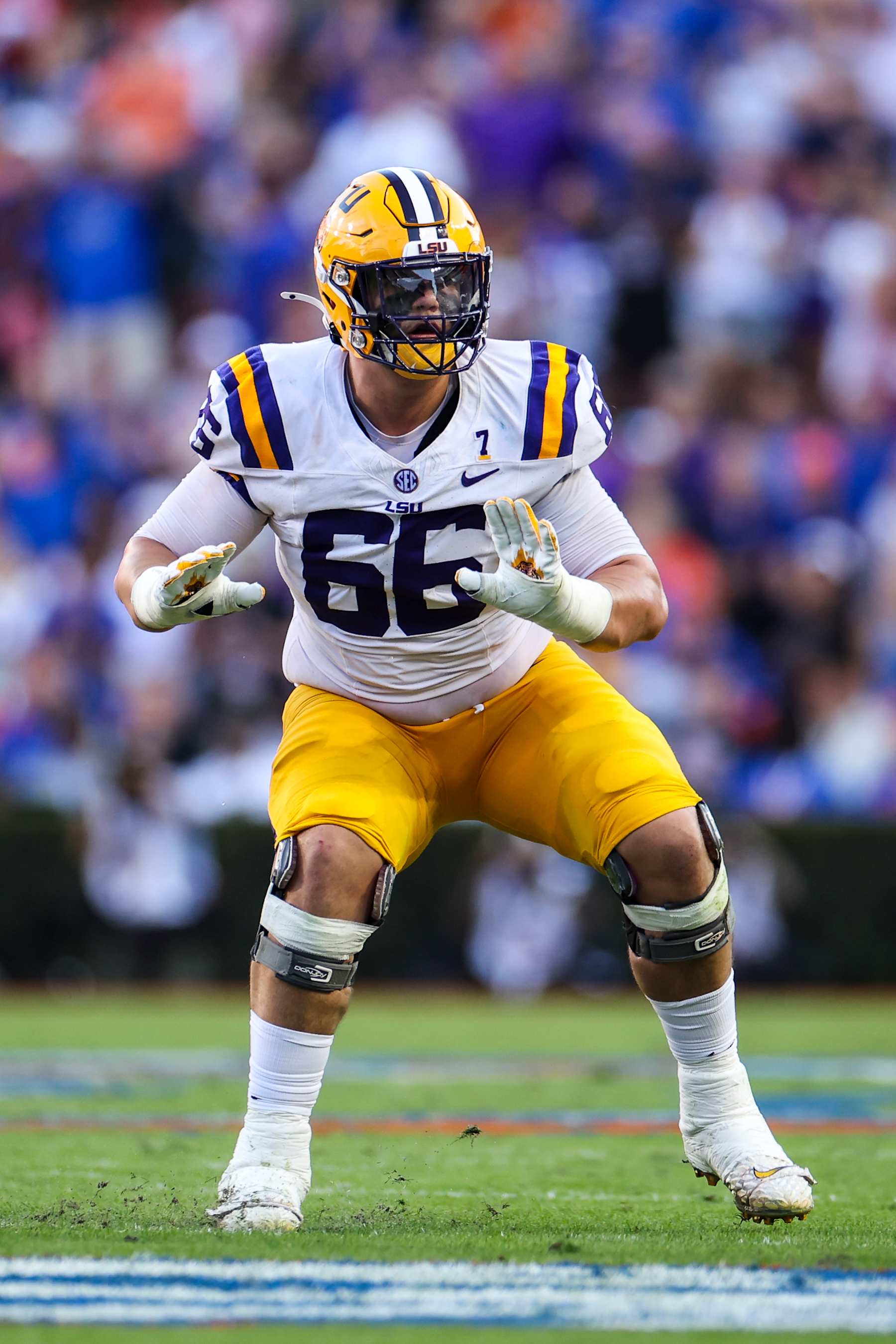 GAINESVILLE, FLORIDA - NOVEMBER 16: Will Campbell #66 of the LSU Tigers blocks during the 1st half of a game against the Florida Gators at Ben Hill Griffin Stadium on November 16, 2024 in Gainesville, Florida. (Photo by James Gilbert/Getty Images)