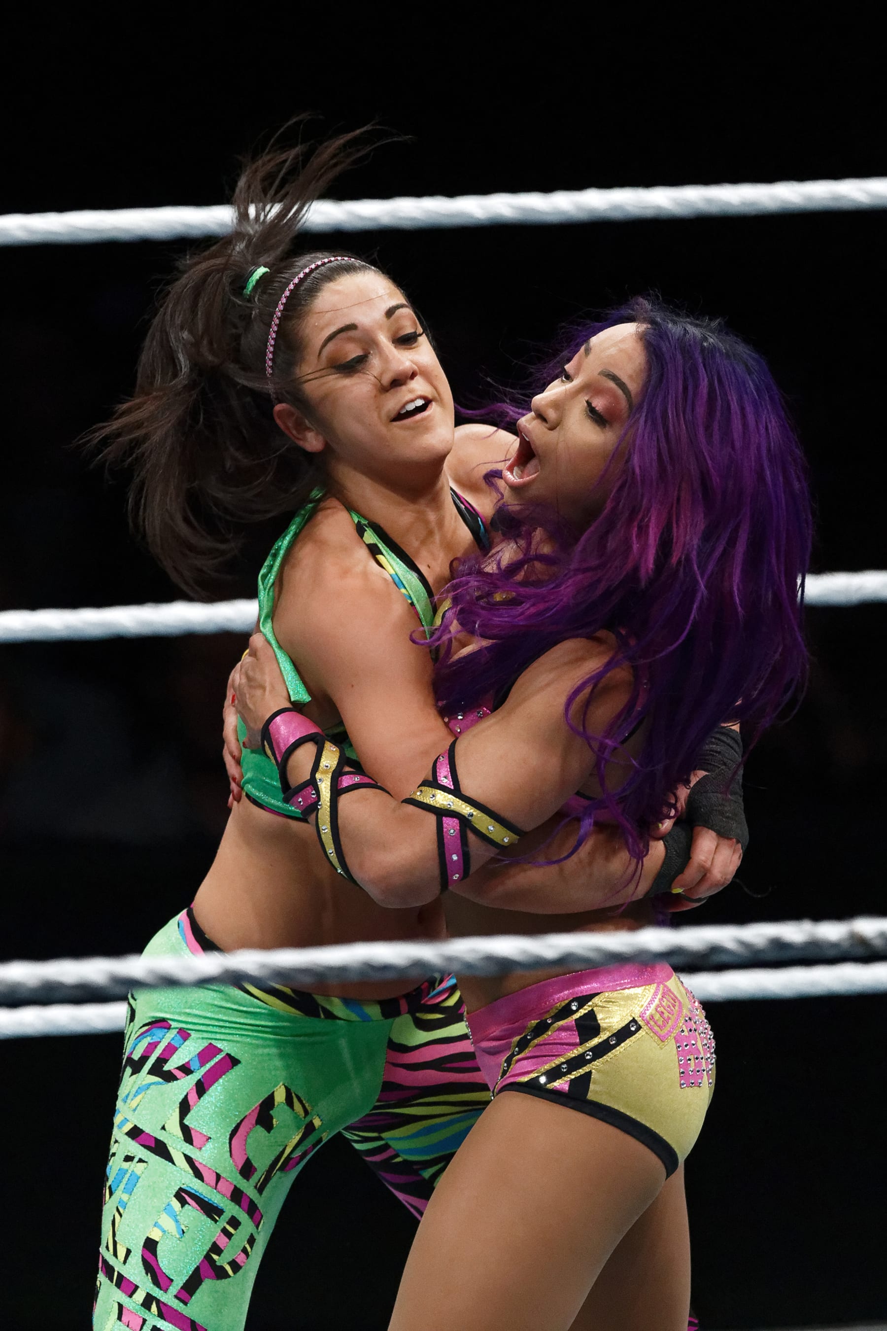 PARIS, FRANCE - MAY 19:  Sasha Banks (R) in action vs Bayley during WWE Live AccorHotels Arena Popb Paris Bercy on May 19, 2018 in Paris, France.  (Photo by Sylvain Lefevre/Getty Images)