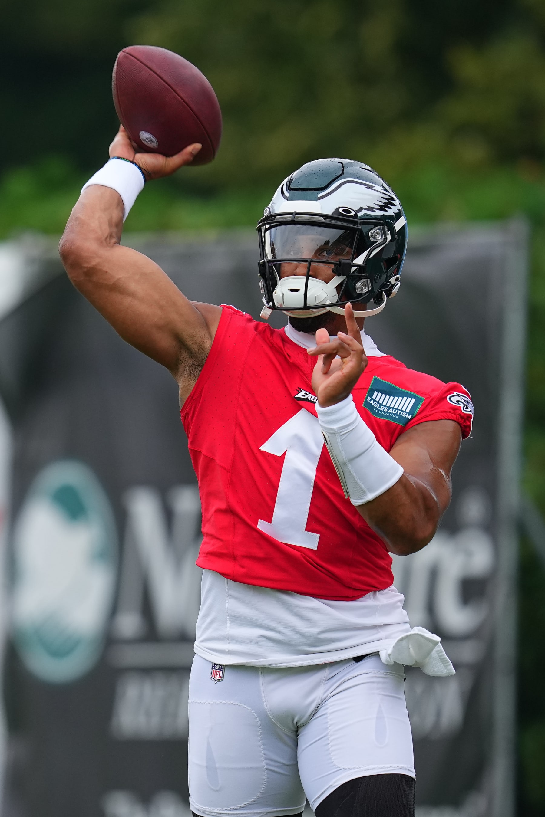 PHILADELPHIA, PENNSYLVANIA - AUGUST 10: Jalen Hurts #1 of the Philadelphia Eagles passes the ball during Training Camp at the NovaCare Complex on August 10, 2023 in Philadelphia, Pennsylvania. (Photo by Mitchell Leff/Getty Images)