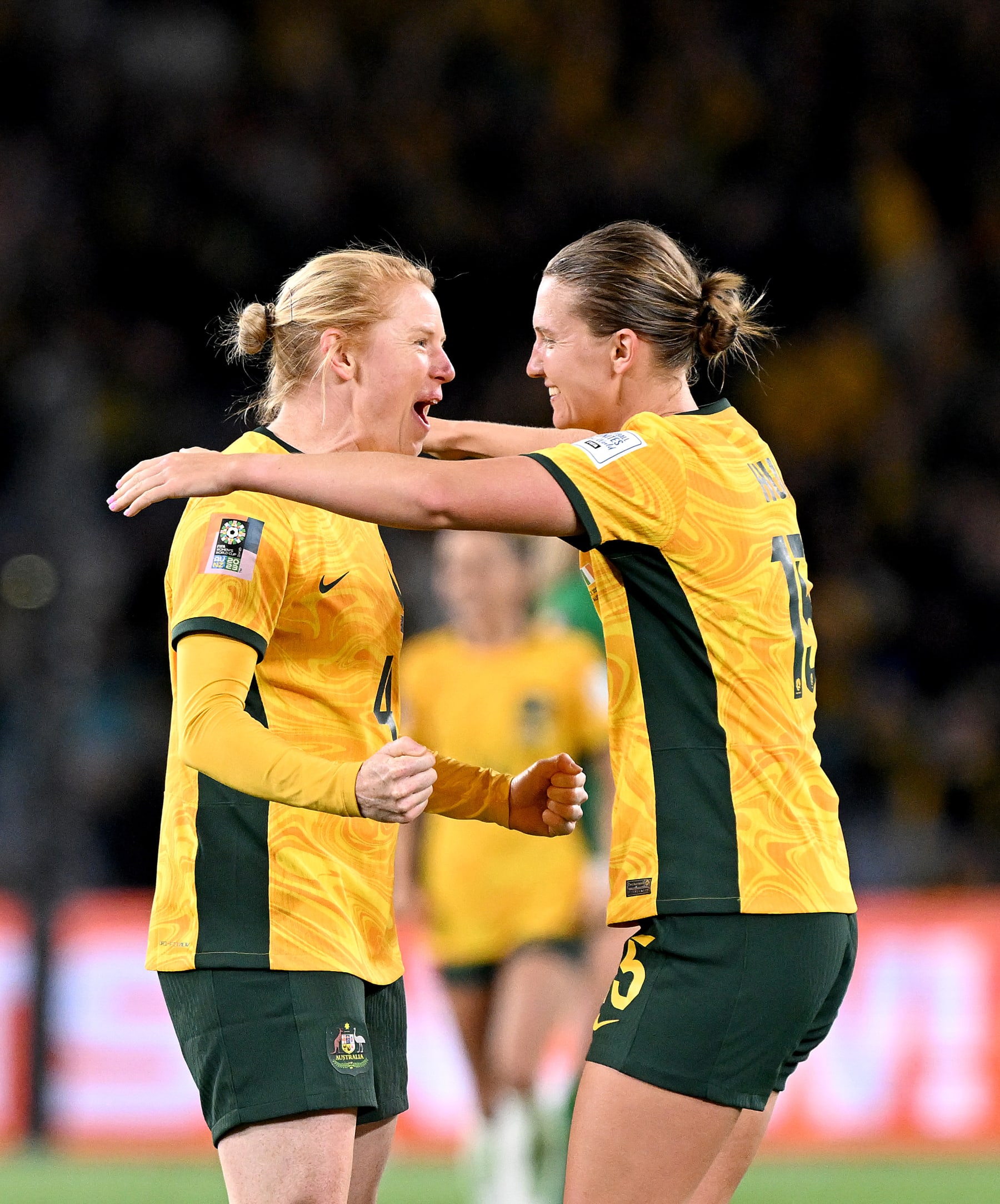 SYDNEY, AUSTRALIA - JULY 20: Clare Polkinghorne and Clare Hunt of Australia celebrate victory after the FIFA Women's World Cup Australia & New Zealand 2023 Group B match between Australia and Ireland at Stadium Australia on July 20, 2023 in Sydney, Australia. (Photo by Bradley Kanaris/Getty Images)