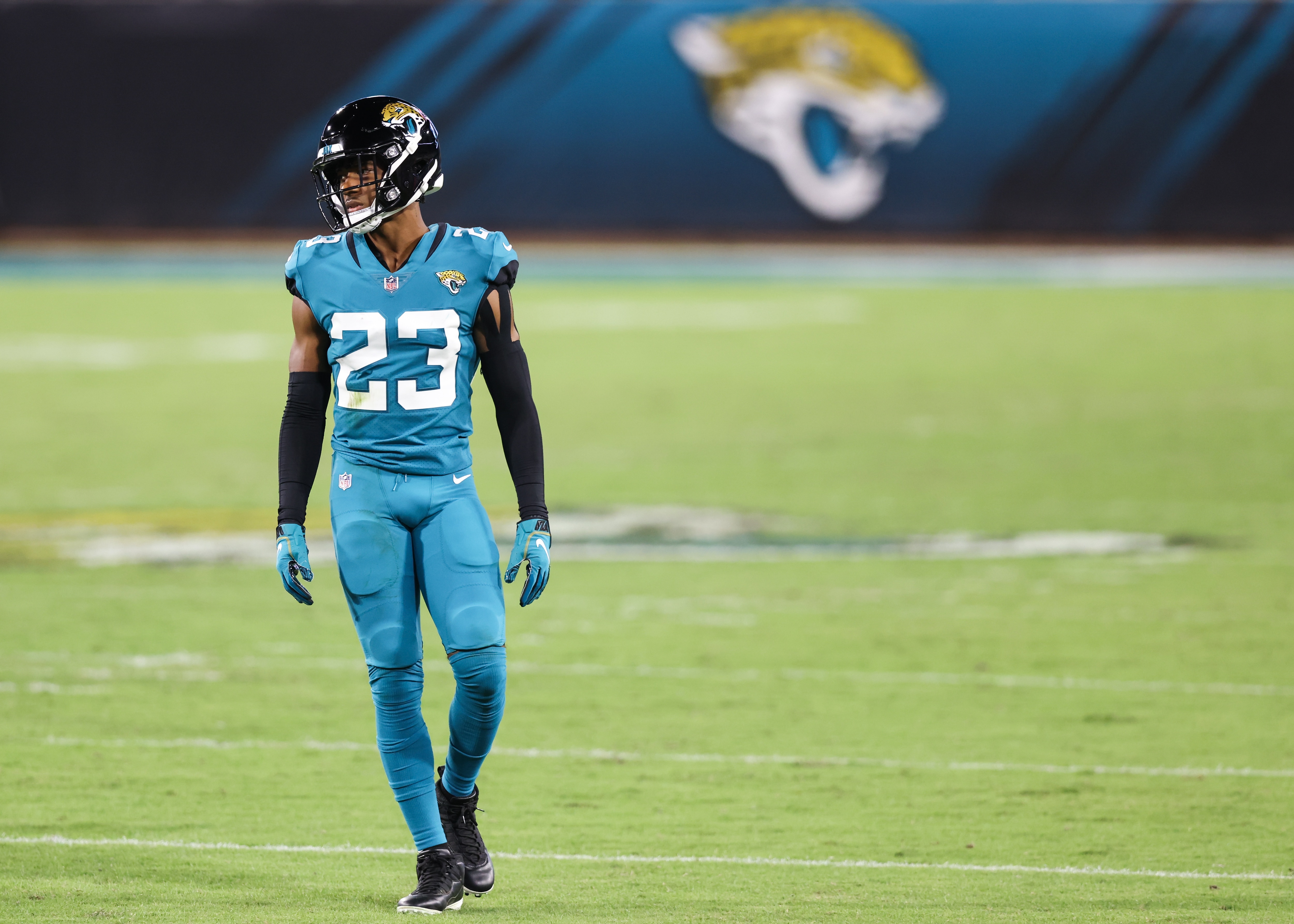 JACKSONVILLE, FLORIDA - SEPTEMBER 24: C.J. Henderson #23 of the Jacksonville Jaguars looks on during the third quarter of a game against the Miami Dolphins at TIAA Bank Field on September 24, 2020 in Jacksonville, Florida. (Photo by James Gilbert/Getty Images)