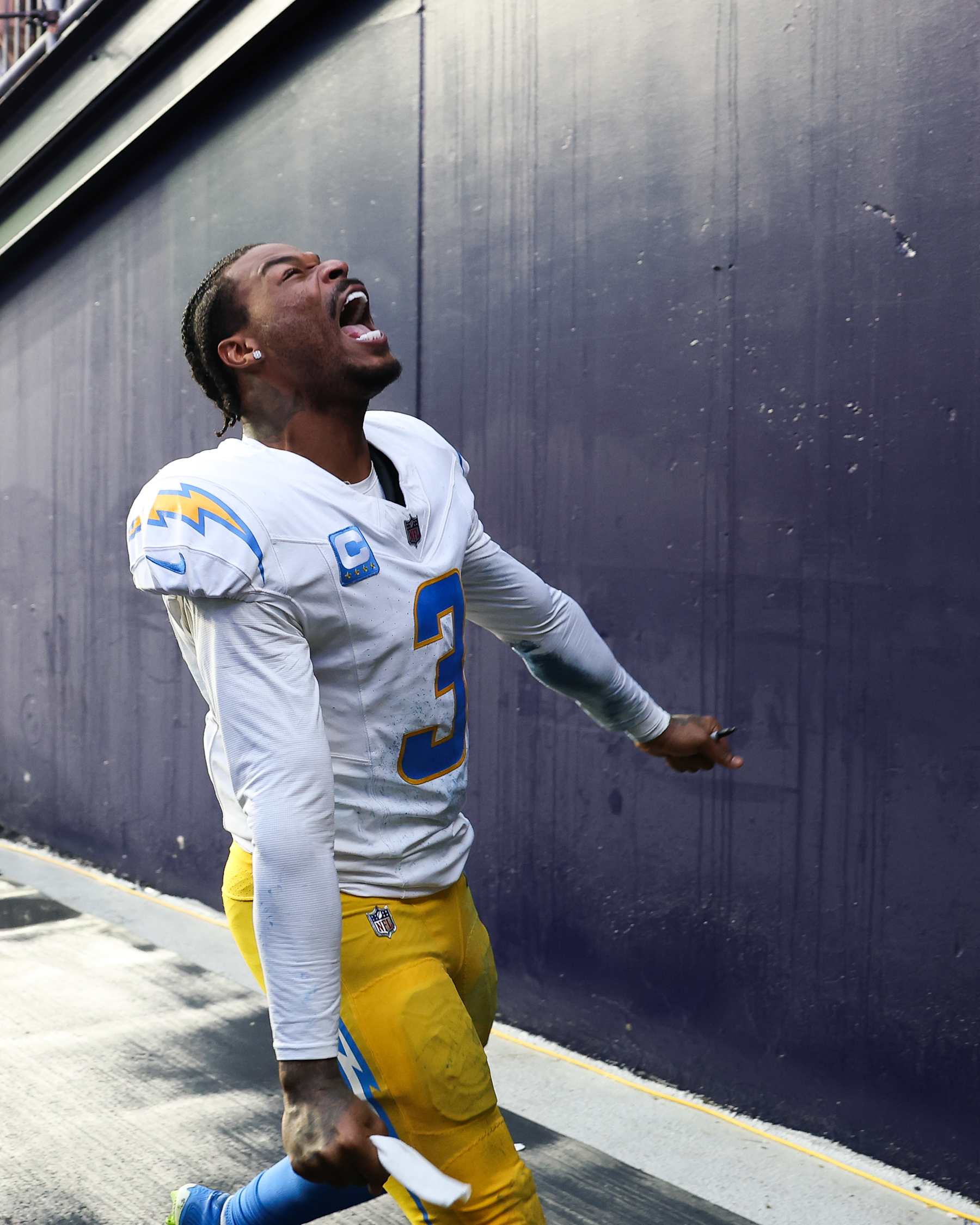 FOXBOROUGH, MASSACHUSETTS - DECEMBER 28: Derwin James Jr. #3 of the Los Angeles Chargers celebrates following the game against the New England Patriots at Gillette Stadium on December 28, 2024 in Foxborough, Massachusetts. (Photo by Kathryn Riley/Getty Images)