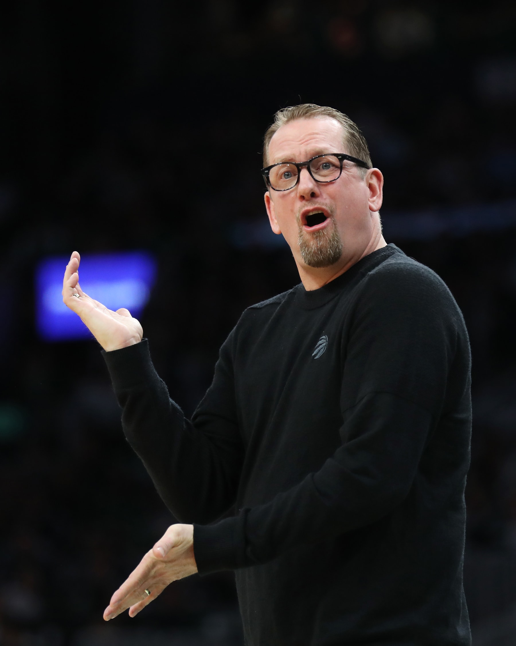 BOSTON, MASSACHUSETTS - APRIL 07: Head coach Nick Nurse of the Toronto Raptors reacts during the first quarter of the game between the Boston Celtics and the Toronto Raptors at TD Garden on April 07, 2023 in Boston, Massachusetts. NOTE TO USER: User expressly acknowledges and agrees that, by downloading and or using this photograph, User is consenting to the terms and conditions of the Getty Images License Agreement. (Photo by Omar Rawlings/Getty Images)