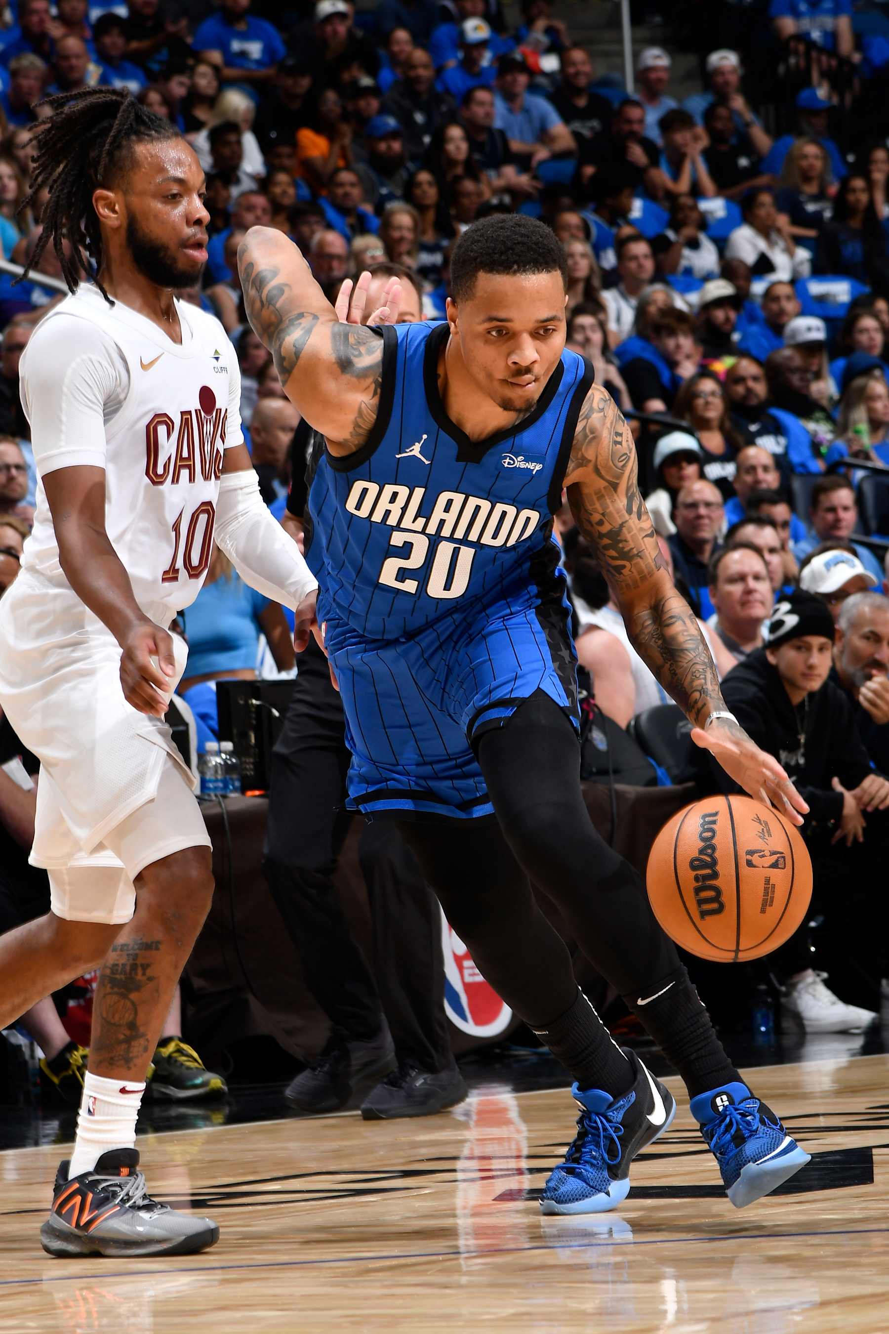 ORLANDO, FL - MAY 3: Markelle Fultz #20 of the Orlando Magic dribbles the ball during the game against the Cleveland Cavaliers during Round 1 Game 6 of the 2024 NBA Playoffs on May 3, 2024 at Amway Center in Orlando, Florida. NOTE TO USER: User expressly acknowledges and agrees that, by downloading and or using this photograph, User is consenting to the terms and conditions of the Getty Images License Agreement. Mandatory Copyright Notice: Copyright 2024 NBAE (Photo by Fernando Medina/NBAE via Getty Images)