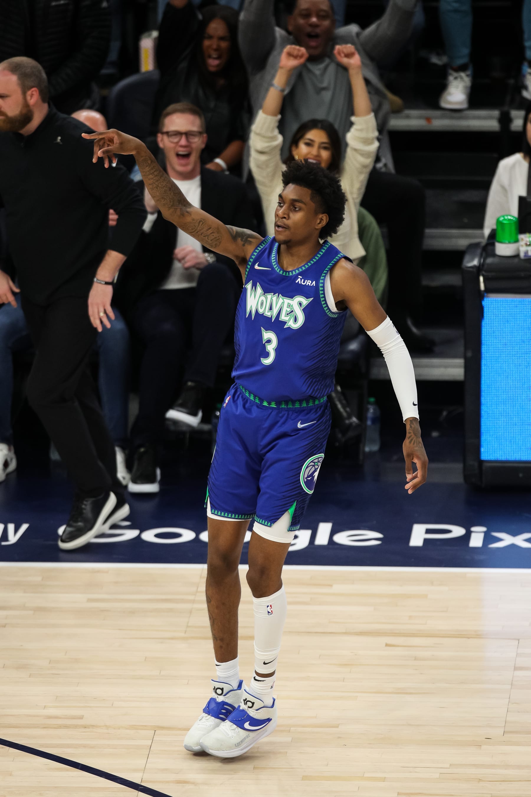 MINNEAPOLIS, MN - APRIL 29: Jaden McDaniels #3 of the Minnesota Timberwolves watches his shot against the Memphis Grizzlies in the first quarter of the game during Game Six of the Western Conference First Round at Target Center on April 29, 2022 in Minneapolis, Minnesota. The Grizzlies defeated the Timberwolves 114-106 to advance to the Western Conference Semifinals. NOTE TO USER: User expressly acknowledges and agrees that, by downloading and or using this Photograph, user is consenting to the terms and conditions of the Getty Images License Agreement. (Photo by David Berding/Getty Images)