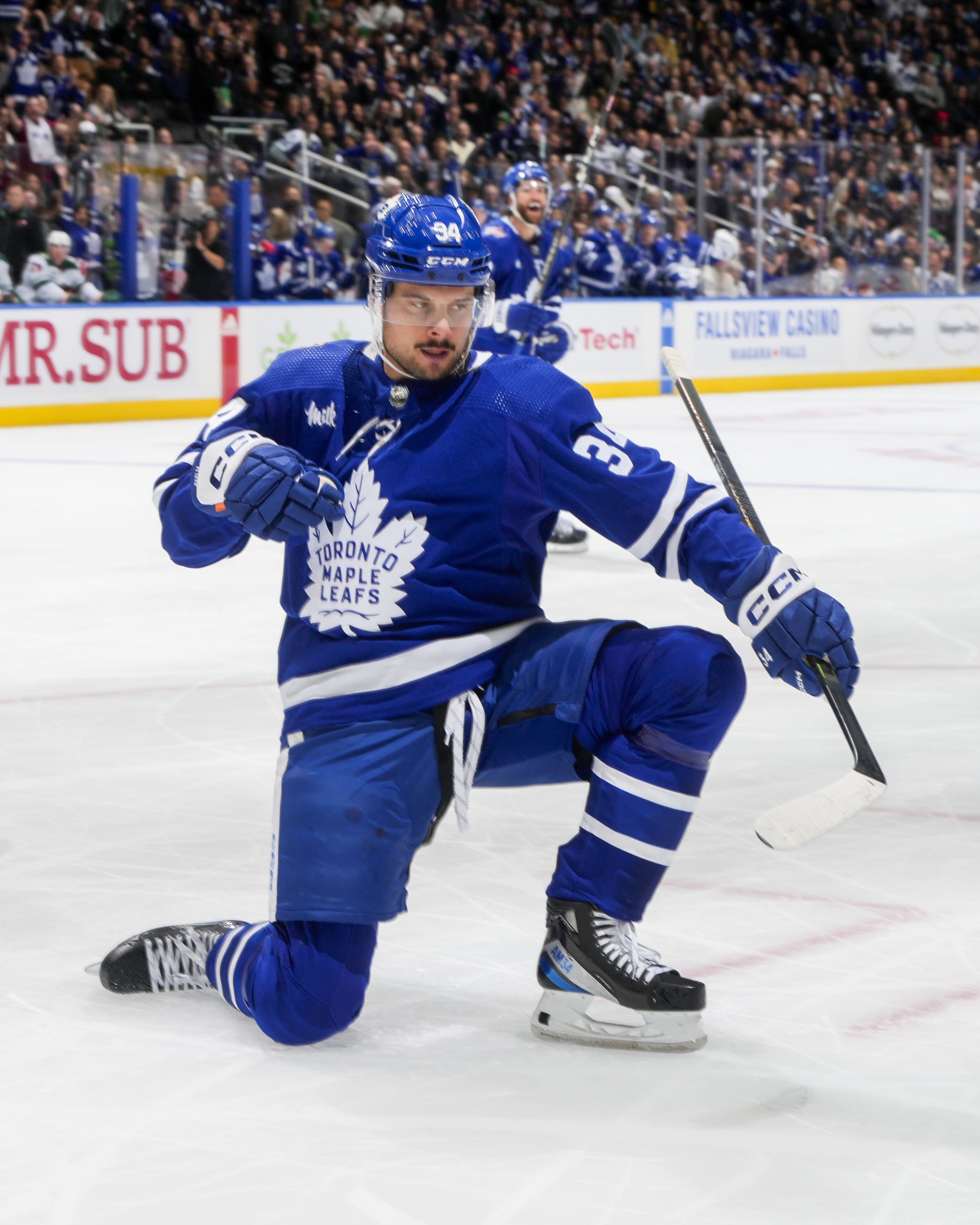 TORONTO, ON - OCTOBER 14: Auston Matthews #34 of the Toronto Maple Leafs celebrates his goal against the Minnesota Wild during the first period at the Scotiabank Arena on October 14, 2023 in Toronto, Ontario, Canada. (Photo by Mark Blinch/NHLI via Getty Images)