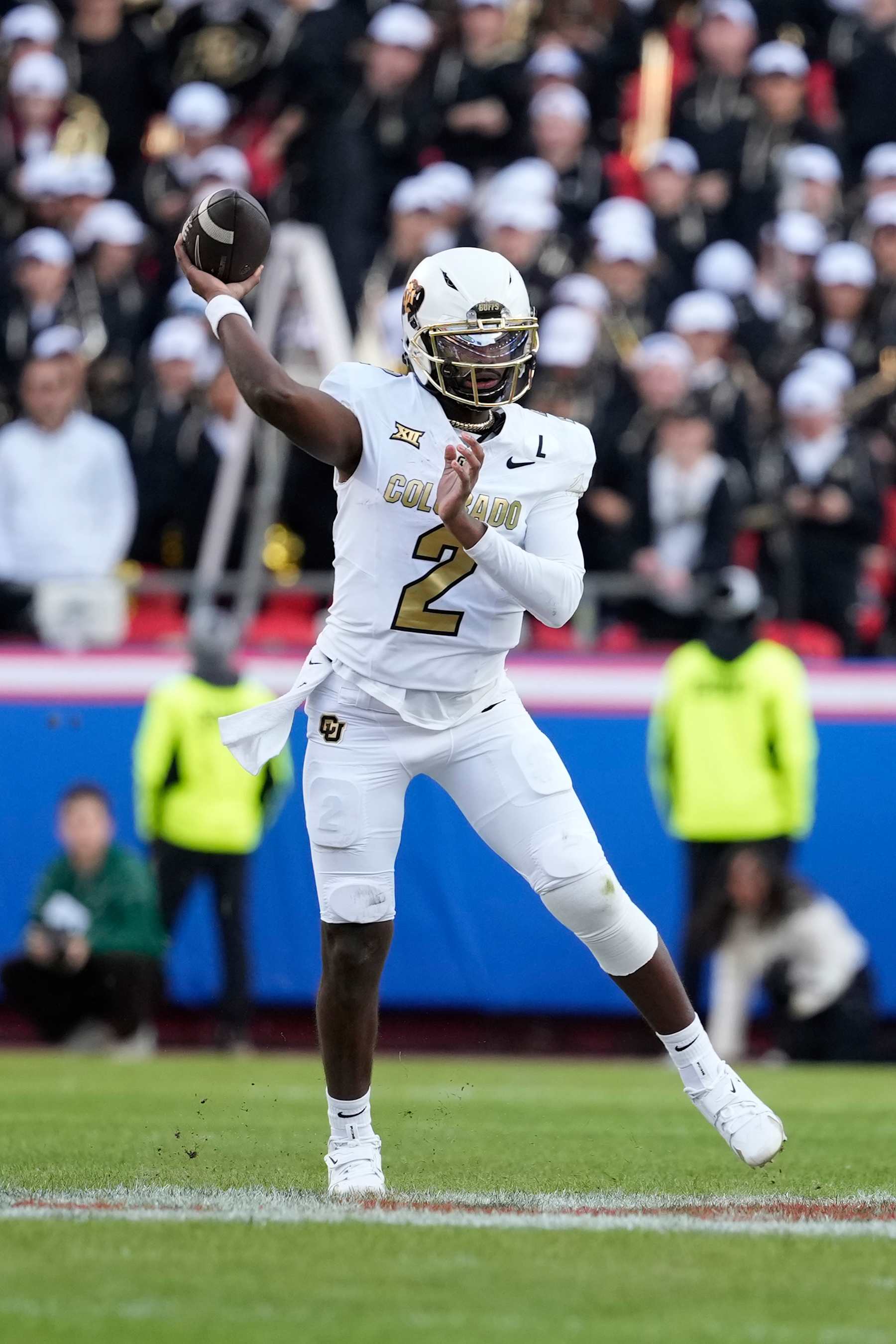 KANSAS CITY, MISSOURI - NOVEMBER 23: Quarterback Shedeur Sanders #2 of the Colorado Buffaloes passes in the first half against the Kansas Jayhawks at Arrowhead Stadium on November 23, 2024 in Kansas City, Missouri.  (Photo by Ed Zurga/Getty Images)