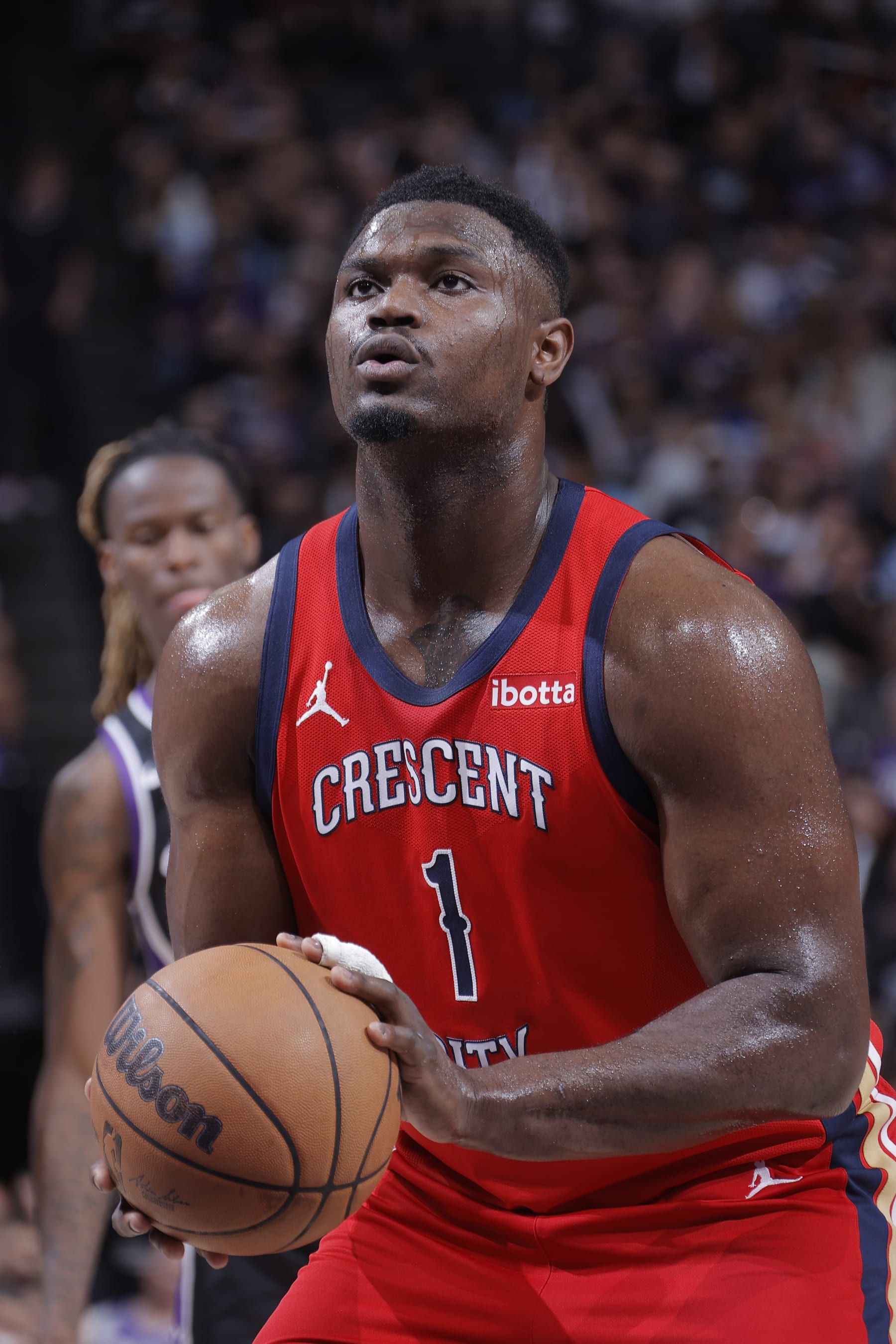 SACRAMENTO, CA - APRIL 11: Zion Williamson #1 of the New Orleans Pelicans shoots a free throw during the game against the Sacramento Kings on April 11, 2024 at Golden 1 Center in Sacramento, California. NOTE TO USER: User expressly acknowledges and agrees that, by downloading and or using this Photograph, user is consenting to the terms and conditions of the Getty Images License Agreement. Mandatory Copyright Notice: Copyright 2024 NBAE (Photo by Rocky Widner/NBAE via Getty Images)
