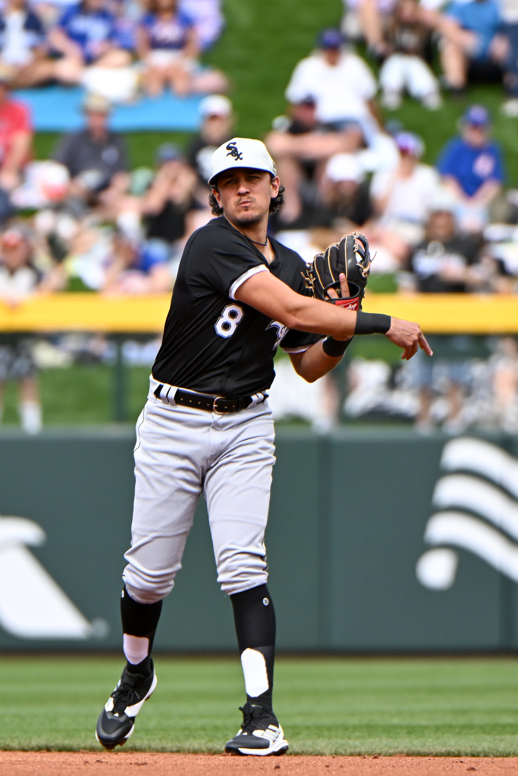 MESA, ARIZONA - FEBRUARY 23, 2024: Nicky Lopez #8 of the Chicago White Sox warms up during the first inning of a spring training game against the Chicago Cubs at Sloan Park on February 23, 2024 in Mesa, Arizona. (Photo by David Durochik/Diamond Images via Getty Images)