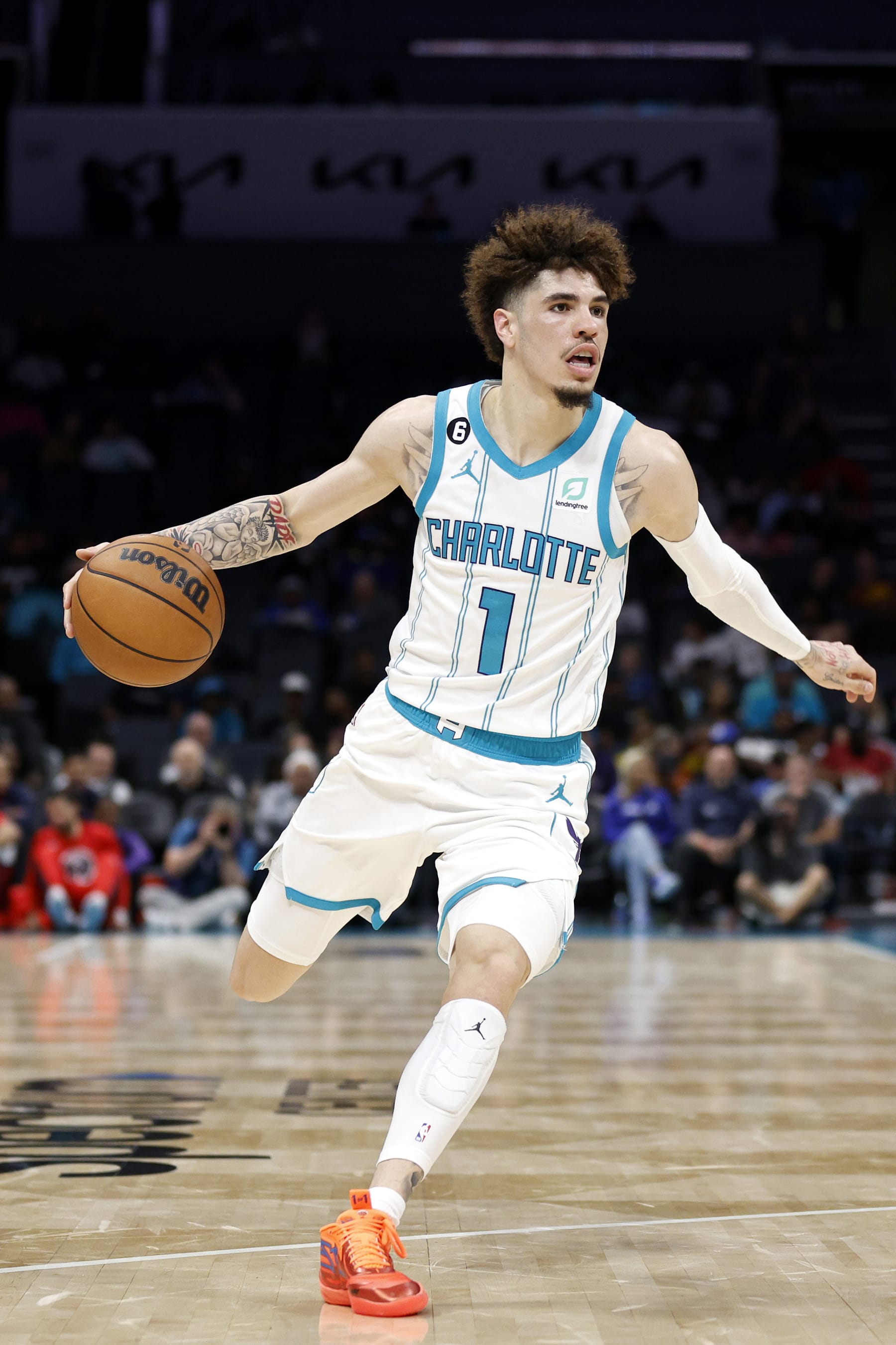 CHARLOTTE, NORTH CAROLINA - OCTOBER 10:  LaMelo Ball #1 of the Charlotte Hornets brings the ball up court during the second quarter of the game against the Washington Wizards at Spectrum Center on October 10, 2022 in Charlotte, North Carolina. NOTE TO USER: User expressly acknowledges and agrees that, by downloading and or using this photograph, User is consenting to the terms and conditions of the Getty Images License Agreement. (Photo by Jared C. Tilton/Getty Images)