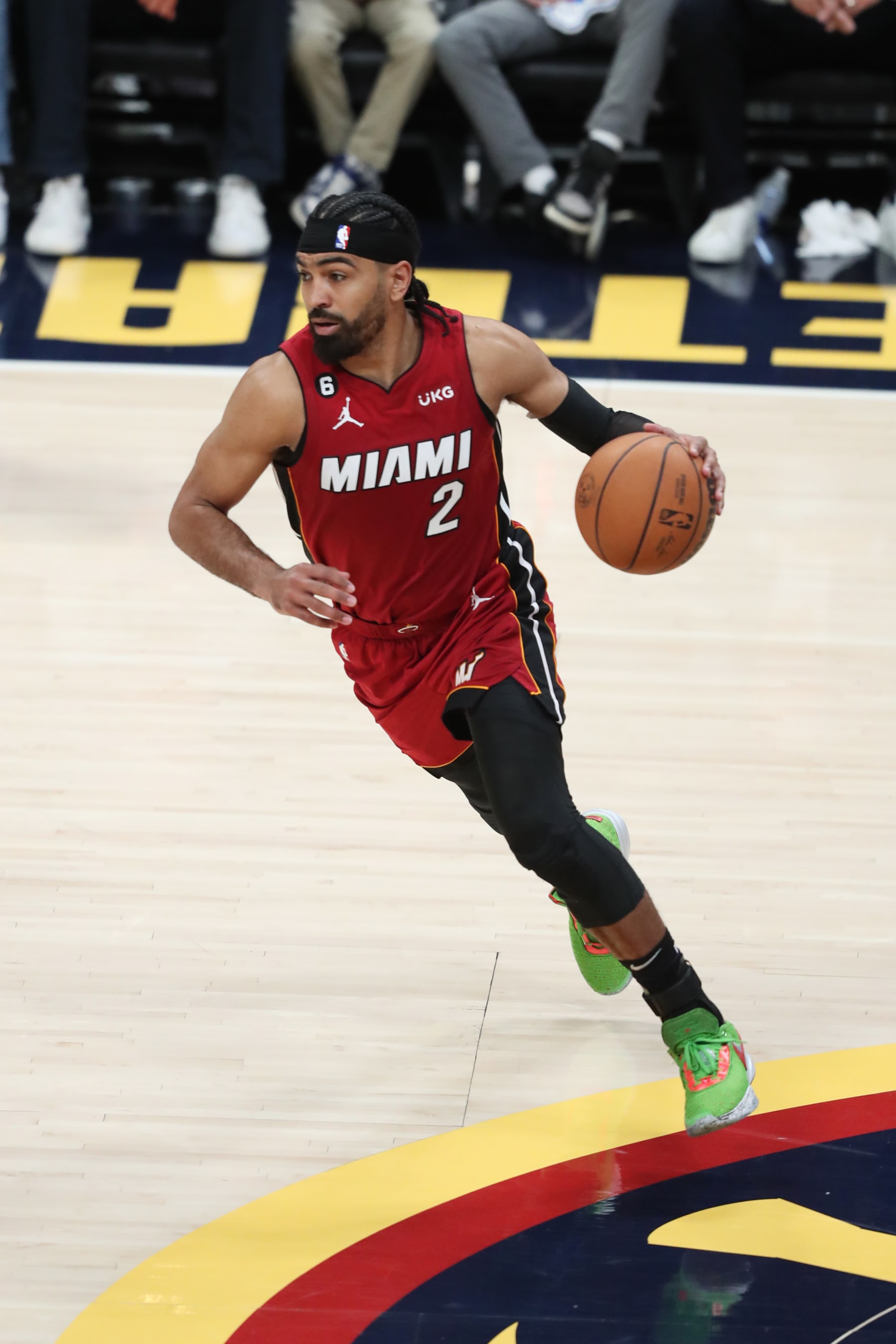 DENVER, CO - JUNE 12: Gabe Vincent #2 of the Miami Heat dribbles the ball during game 5 of the 2023 NBA Finals against the Denver Nuggets on June 12, 2023 at the Ball Arena in Denver, Colorado. NOTE TO USER: User expressly acknowledges and agrees that, by downloading and/or using this Photograph, user is consenting to the terms and conditions of the Getty Images License Agreement. Mandatory Copyright Notice: Copyright 2023 NBAE (Photo by Issac Baldizon/NBAE via Getty Images)