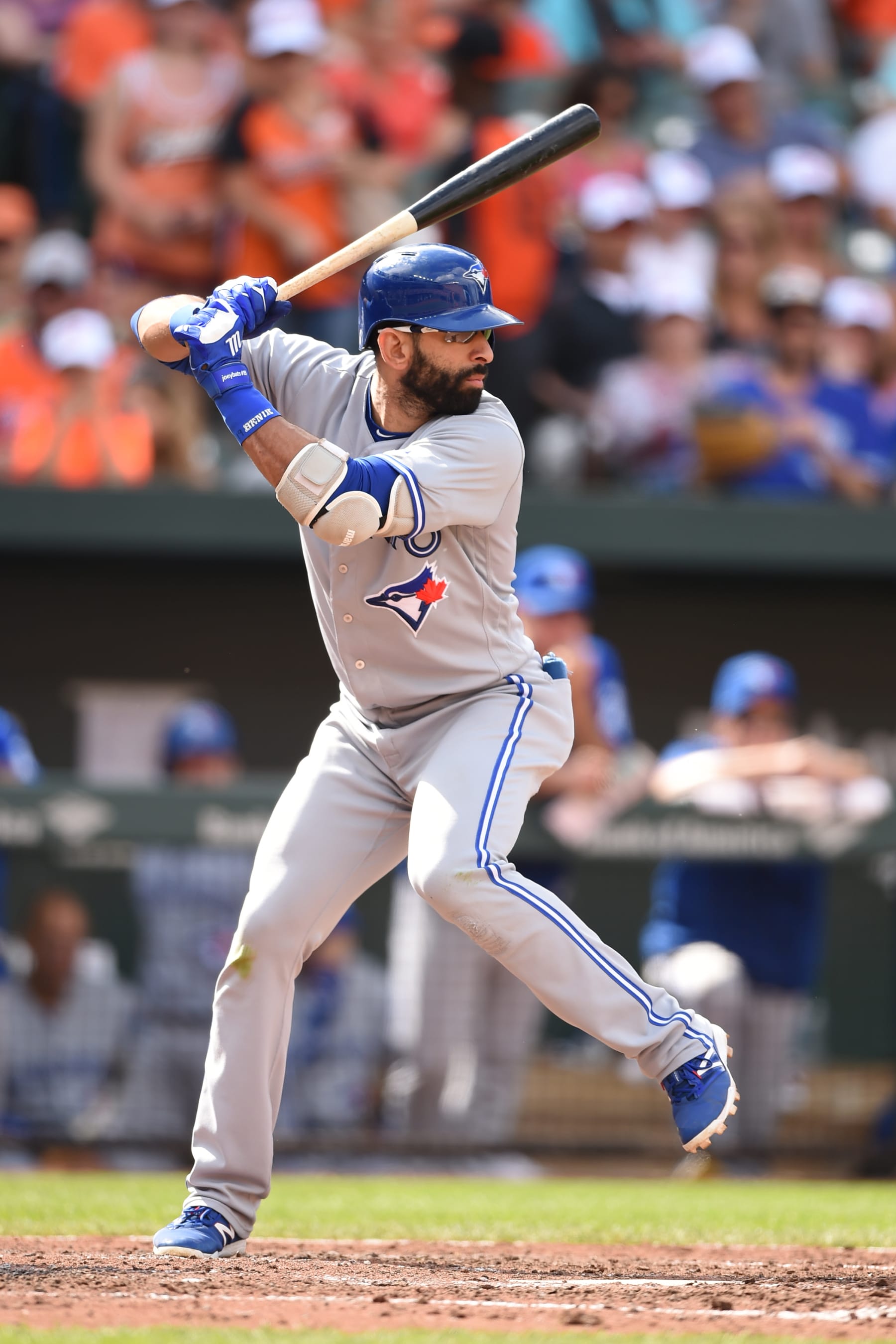 BALTIMORE, MD - SEPTEMBER 03:  Jose Bautista #19 of the Toronto Blue Jays prepares for a pitch during a baseball game against the Baltimore Orioles at Oriole Park at Camden Yards on September 3, 2017 in Baltimore, Maryland.  The Orioles won 7-4 in twelve innings.  (Photo by Mitchell Layton/Getty Images)