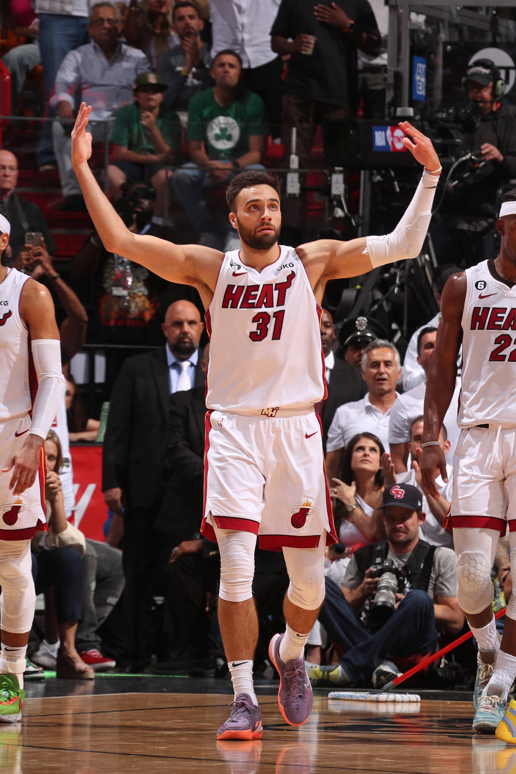 MIAMI, FL - MAY 27: Max Strus #31 of the Miami Heat celebrates during Game 6 of the Eastern Conference Finals 2023 NBA Playoffs on May 27, 2023 at Kaseya Center in Miami, Florida. NOTE TO USER: User expressly acknowledges and agrees that, by downloading and or using this Photograph, user is consenting to the terms and conditions of the Getty Images License Agreement. Mandatory Copyright Notice: Copyright 2023 NBAE (Photo by Issac Baldizon/NBAE via Getty Images)