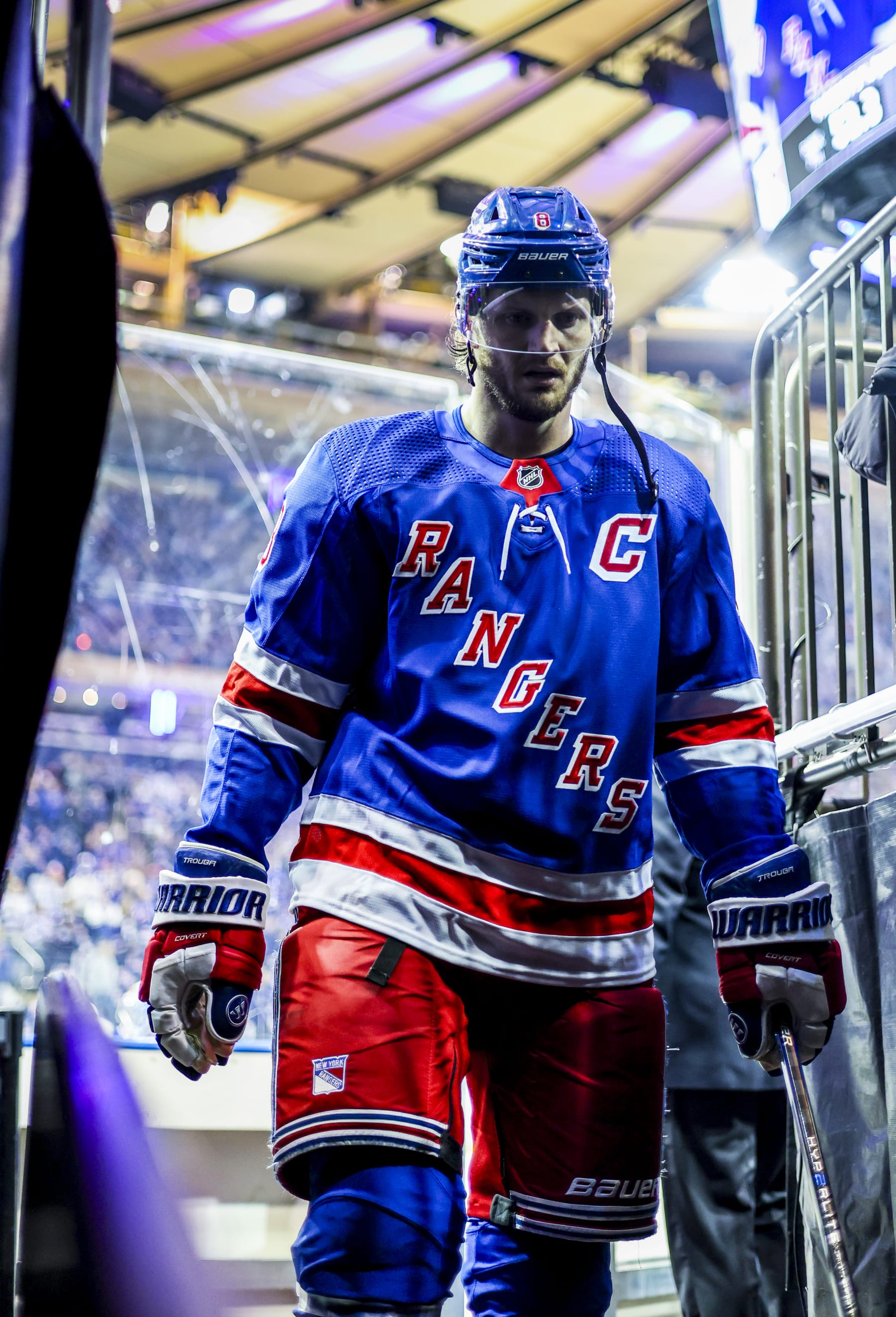 NEW YORK, NEW YORK - MAY 05: Jacob Trouba #8 of the New York Rangers exits the arena after warm-ups prior to the game against the Carolina Hurricanes in Game One of the Second Round of the 2024 Stanley Cup Playoffs at Madison Square Garden on May 5, 2024 in New York City. (Photo by Jared Silber/NHLI via Getty Images)