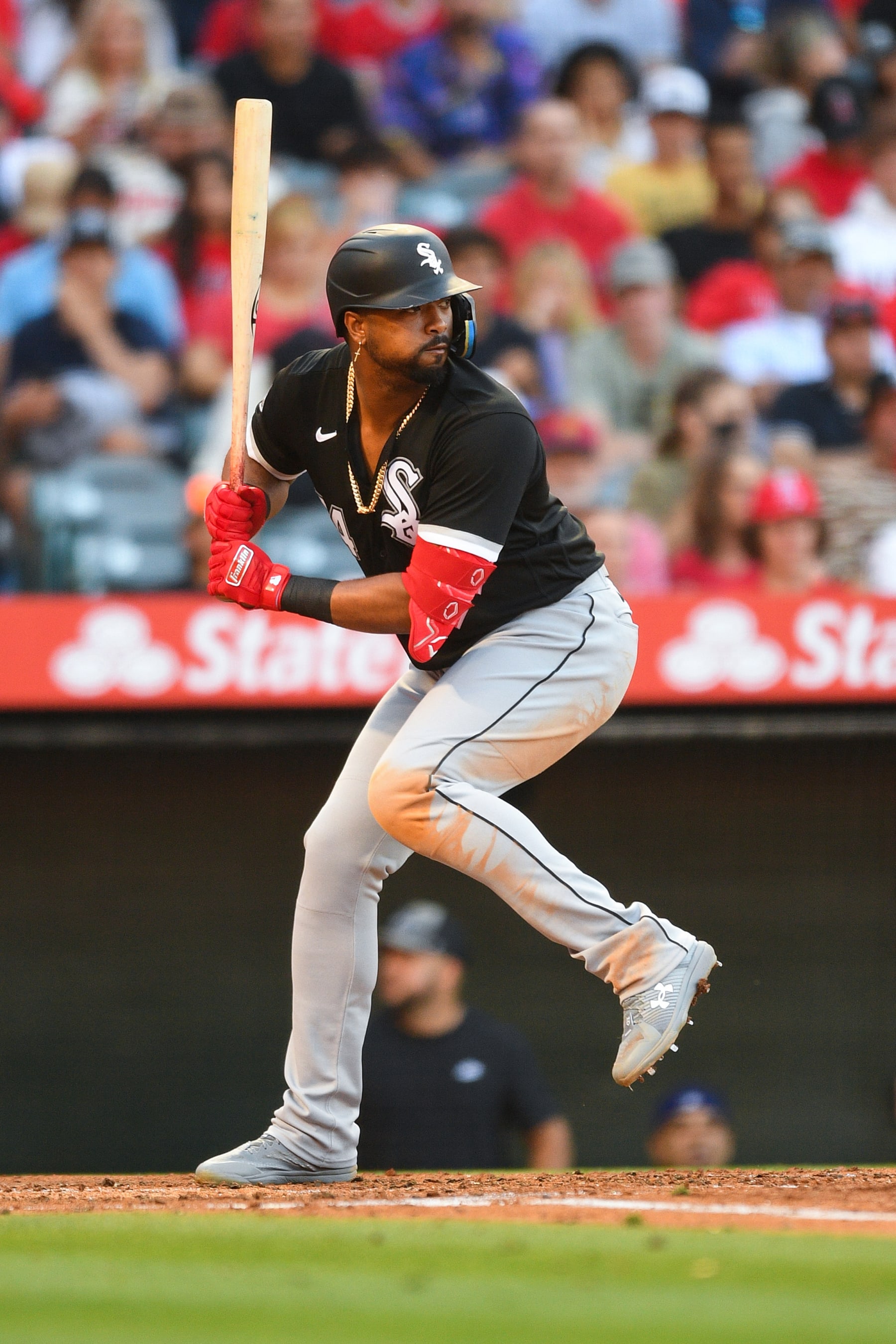 ANAHEIM, CA - JUNE 28: Chicago White Sox designated hitter Eloy Jimenez (74) at bat during the MLB game between the Chicago White Sox and the Los Angeles Angels of Anaheim on June 28, 2023 at Angel Stadium of Anaheim in Anaheim, CA. (Photo by Brian Rothmuller/Icon Sportswire via Getty Images)