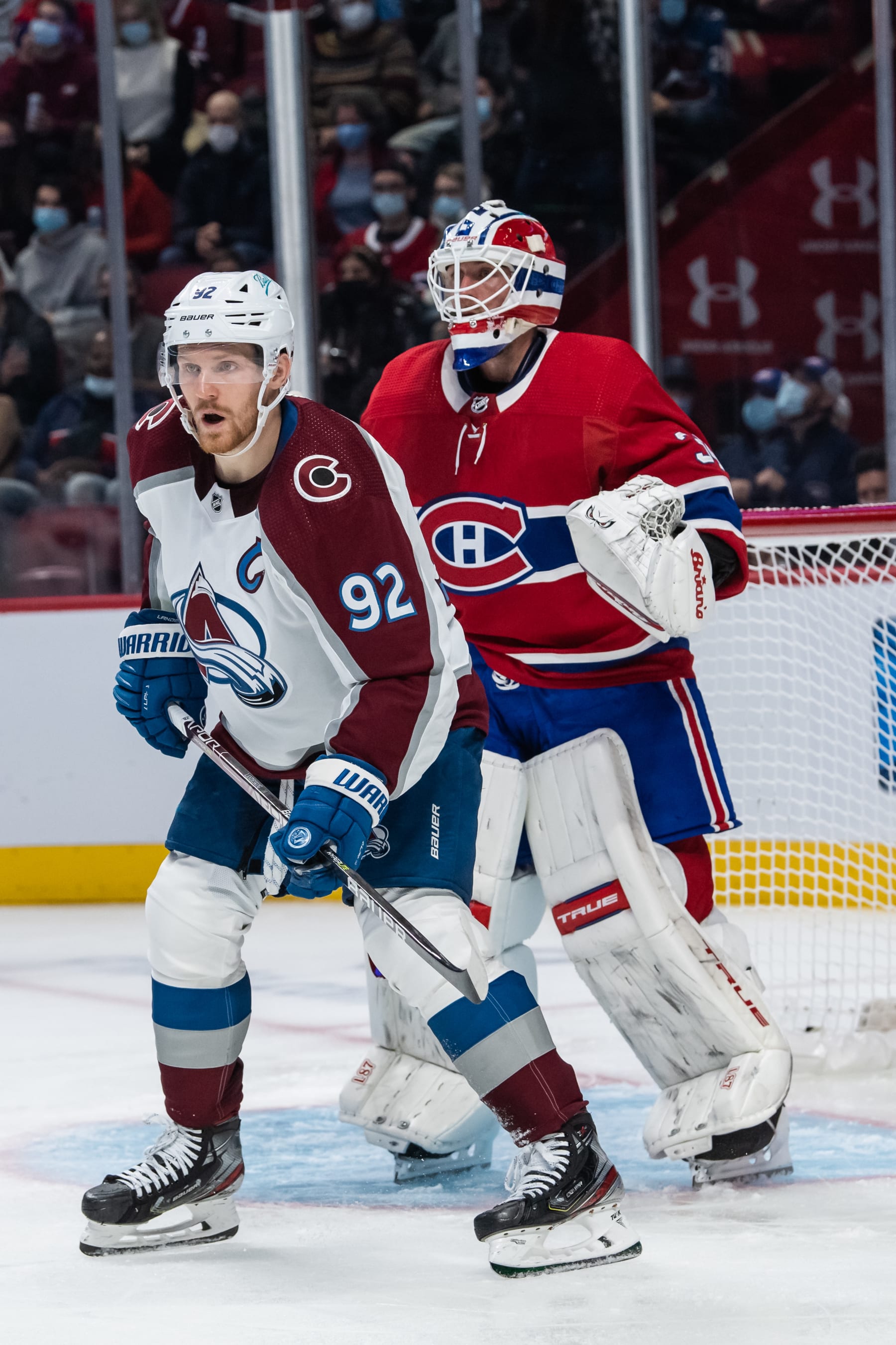MONTREAL, QC - DECEMBER 02: Gabriel Landeskog (92) of the Colorado Avalanche stands in front of Jake Allen (34) of the Montreal Canadiens during the second period of the NHL game between the Colorado Avalanche and the Montreal Canadiens on December 2, 2021, at the Bell Centre in Montreal, QC (Photo by Vincent Ethier/Icon Sportswire via Getty Images)