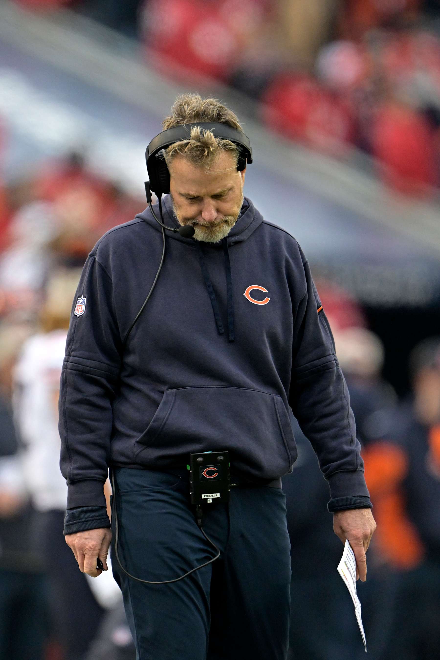 CHICAGO, ILLINOIS - NOVEMBER 24: Head coach Matt Eberflus of the Chicago Bears reacts during the fourth quarter against the Minnesota Vikings at Soldier Field on November 24, 2024 in Chicago, Illinois. (Photo by Quinn Harris/Getty Images)