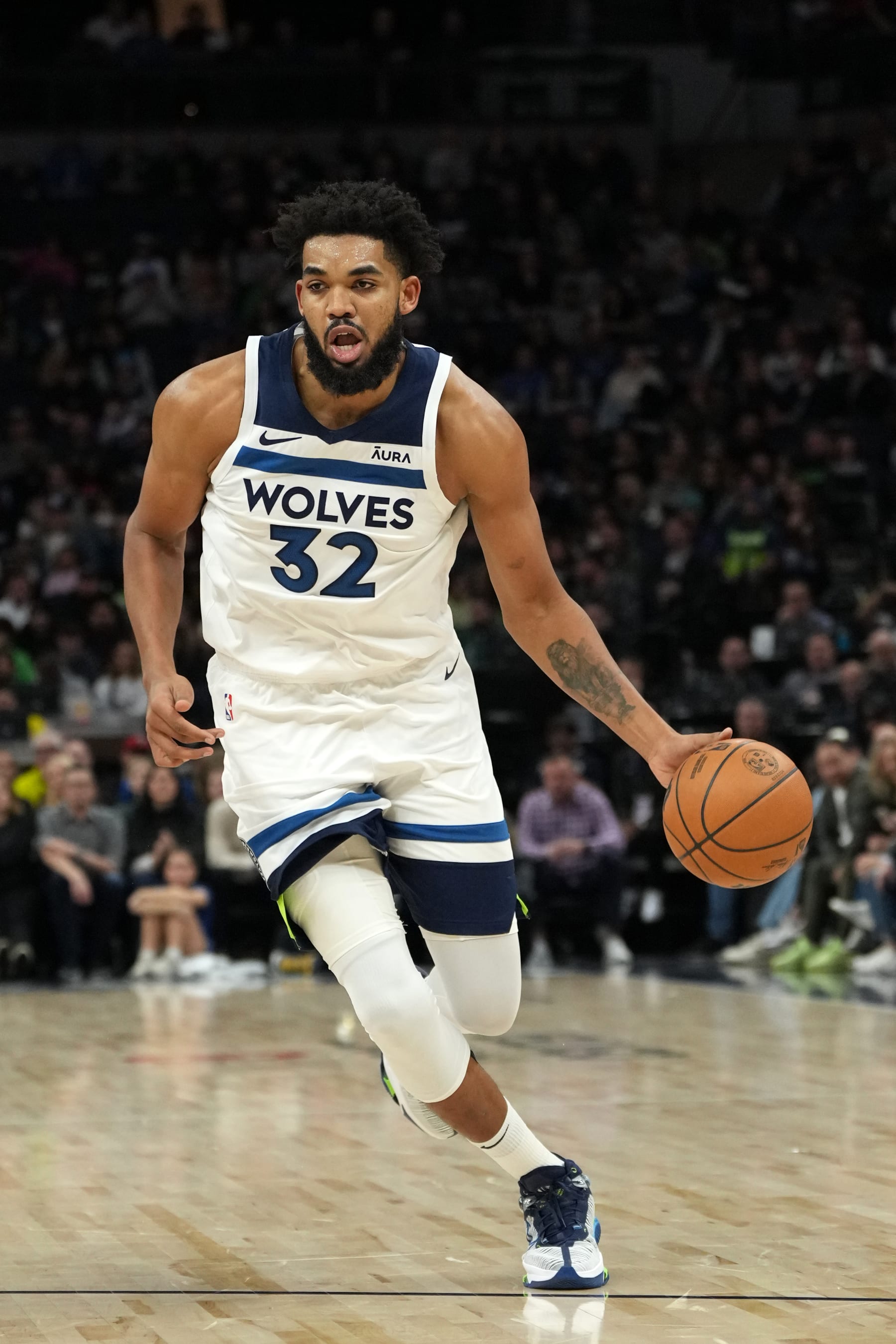 MINNEAPOLIS, MN -  NOVEMBER 30 :  Karl-Anthony Towns #32 of the Minnesota Timberwolves handles the ball during the game against the Utah Jazz on November 30, 2023 at Target Center in Minneapolis, Minnesota. NOTE TO USER: User expressly acknowledges and agrees that, by downloading and or using this Photograph, user is consenting to the terms and conditions of the Getty Images License Agreement. Mandatory Copyright Notice: Copyright 2023 NBAE (Photo by Jordan Johnson/NBAE via Getty Images)
