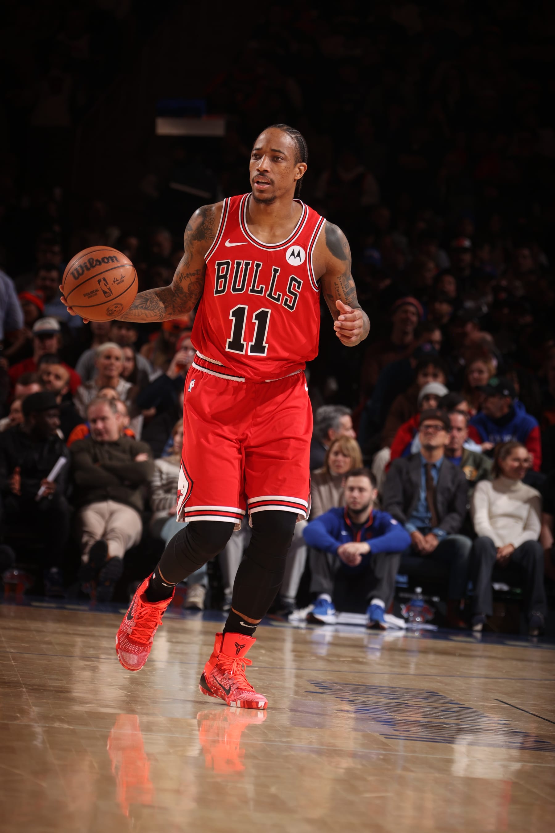 NEW YORK, NY - JANUARY 3: DeMar DeRozan #11 of the Chicago Bulls brings the ball up court against the New York Knicks on January 3, 2024 at Madison Square Garden in New York City, New York.  NOTE TO USER: User expressly acknowledges and agrees that, by downloading and or using this photograph, User is consenting to the terms and conditions of the Getty Images License Agreement. Mandatory Copyright Notice: Copyright 2024 NBAE  (Photo by Nathaniel S. Butler/NBAE via Getty Images)