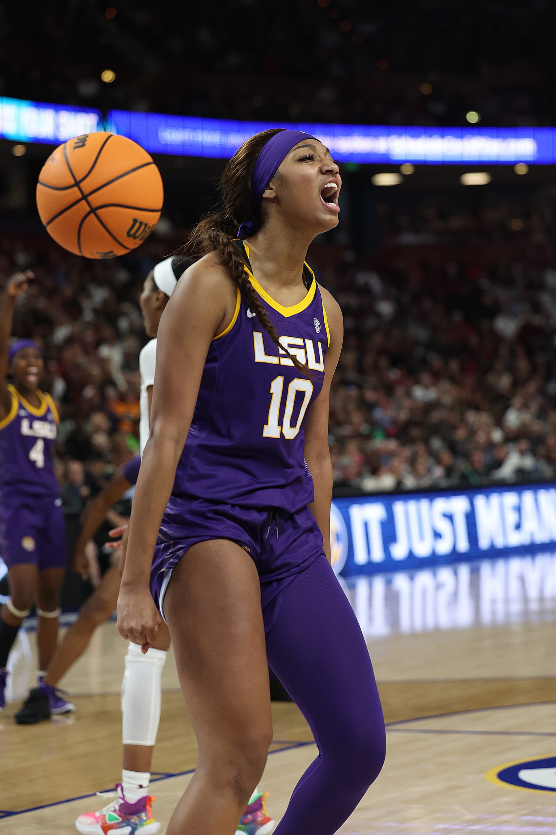 GREENVILLE, SC - MARCH 10: LSU Tigers forward Angel Reese (10) reacts after making a basket and being fouled on the play during the SEC Women's Basketball Tournament Championship Game between the LSU Tigers and the South Carolina Gamecocks March 10, 2024 at Bon Secours Wellness Arena in Greenville, S.C. (Photo by John Byrum/Icon Sportswire via Getty Images)