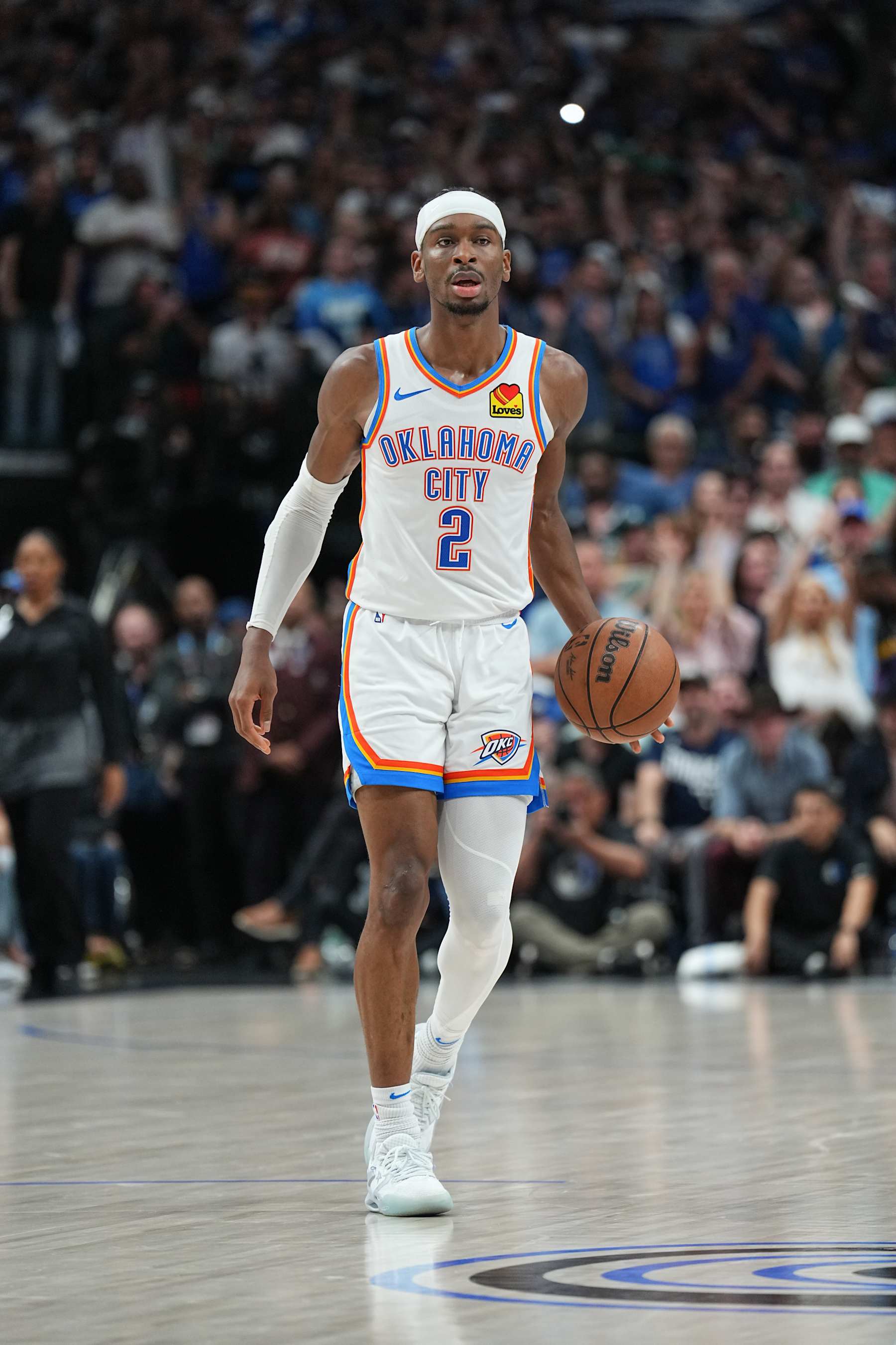 DALLAS, TX - MAY 18:  Shai Gilgeous-Alexander #2 of the Oklahoma City Thunder handles the ball during the game  against the Dallas Mavericks during Round 2 Game 6 of the 2024 NBA Playoffs  on May 18, 2024  at the American Airlines Center in Dallas, Texas. NOTE TO USER: User expressly acknowledges and agrees that, by downloading and or using this photograph, User is consenting to the terms and conditions of the Getty Images License Agreement. Mandatory Copyright Notice: Copyright 2024 NBAE (Photo by Glenn James/NBAE via Getty Images)