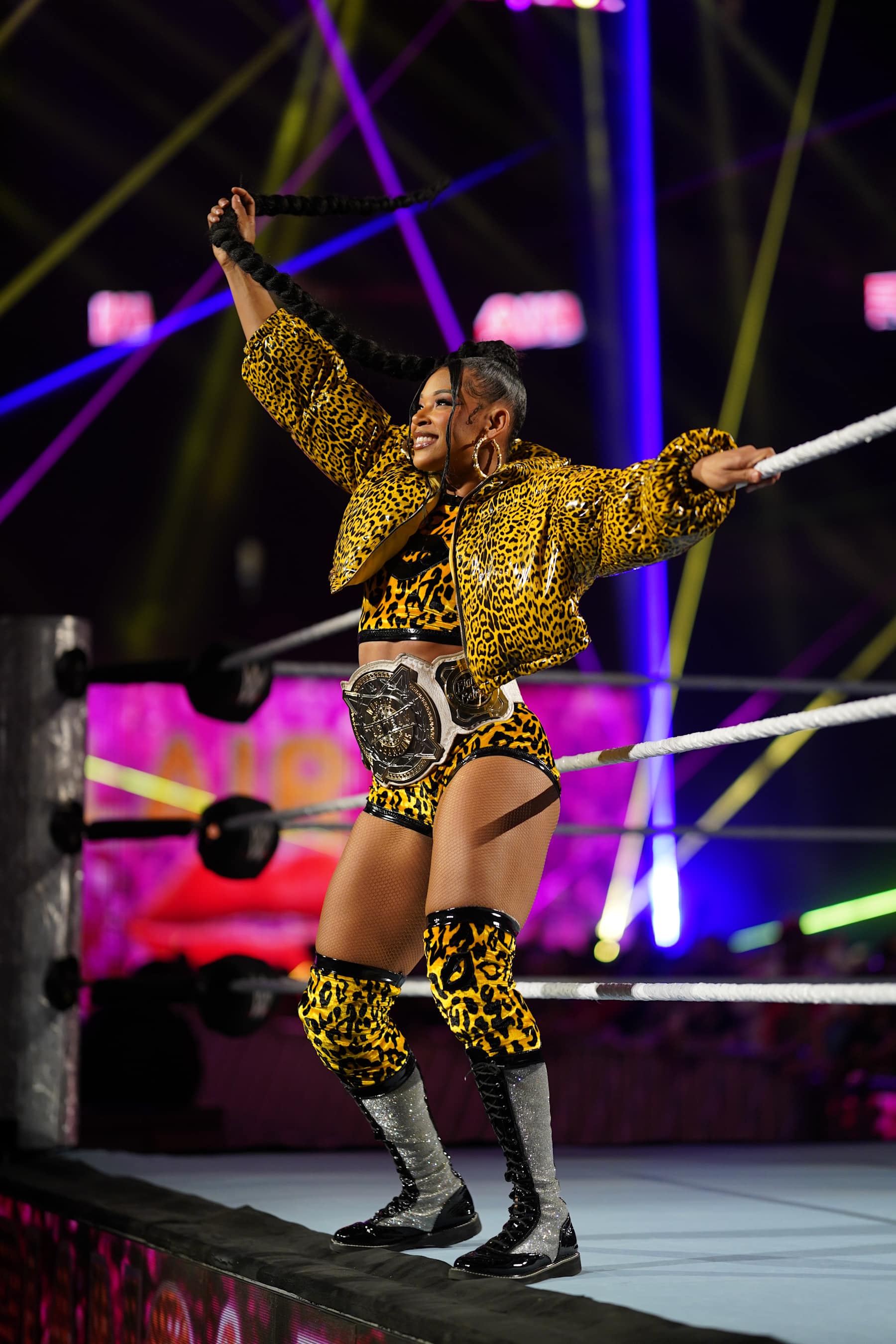 GLENDALE, ARIZONA - NOVEMBER 25: WWE Women's Tag Team Champion Bianca Belair makes her entrance during Monday Night RAW at Desert Diamond Arena on November 25, 2024 in Glendale, Arizona.  (Photo by WWE/Getty Images)