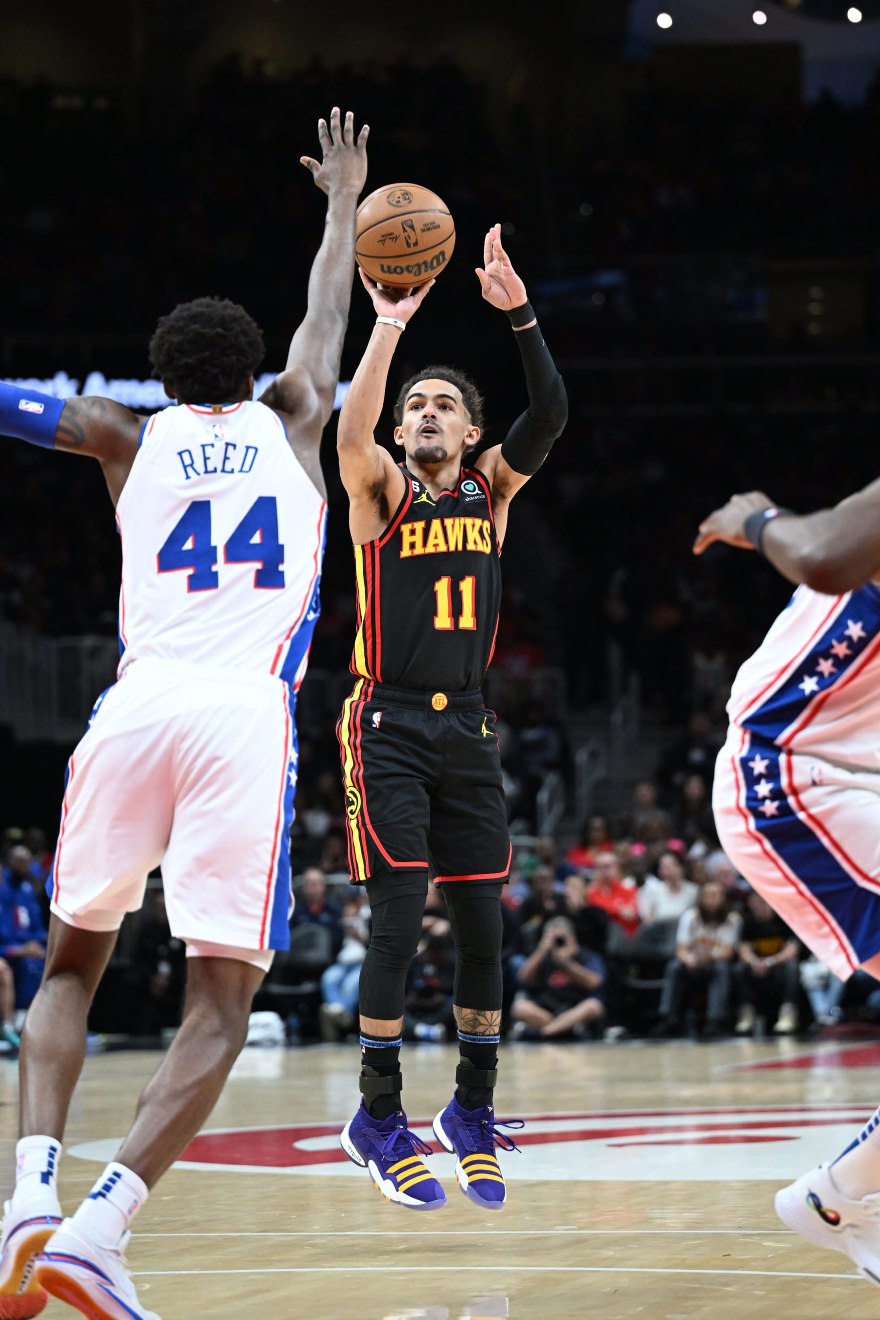 ATLANTA, GA - APRIL 7: Trae Young #11 of the Atlanta Hawks shoots the ball during the game against the Philadelphia 76ers on April 7, 2023 at State Farm Arena in Atlanta, Georgia.  NOTE TO USER: User expressly acknowledges and agrees that, by downloading and/or using this Photograph, user is consenting to the terms and conditions of the Getty Images License Agreement. Mandatory Copyright Notice: Copyright 2023 NBAE (Photo by Adam Hagy/NBAE via Getty Images)