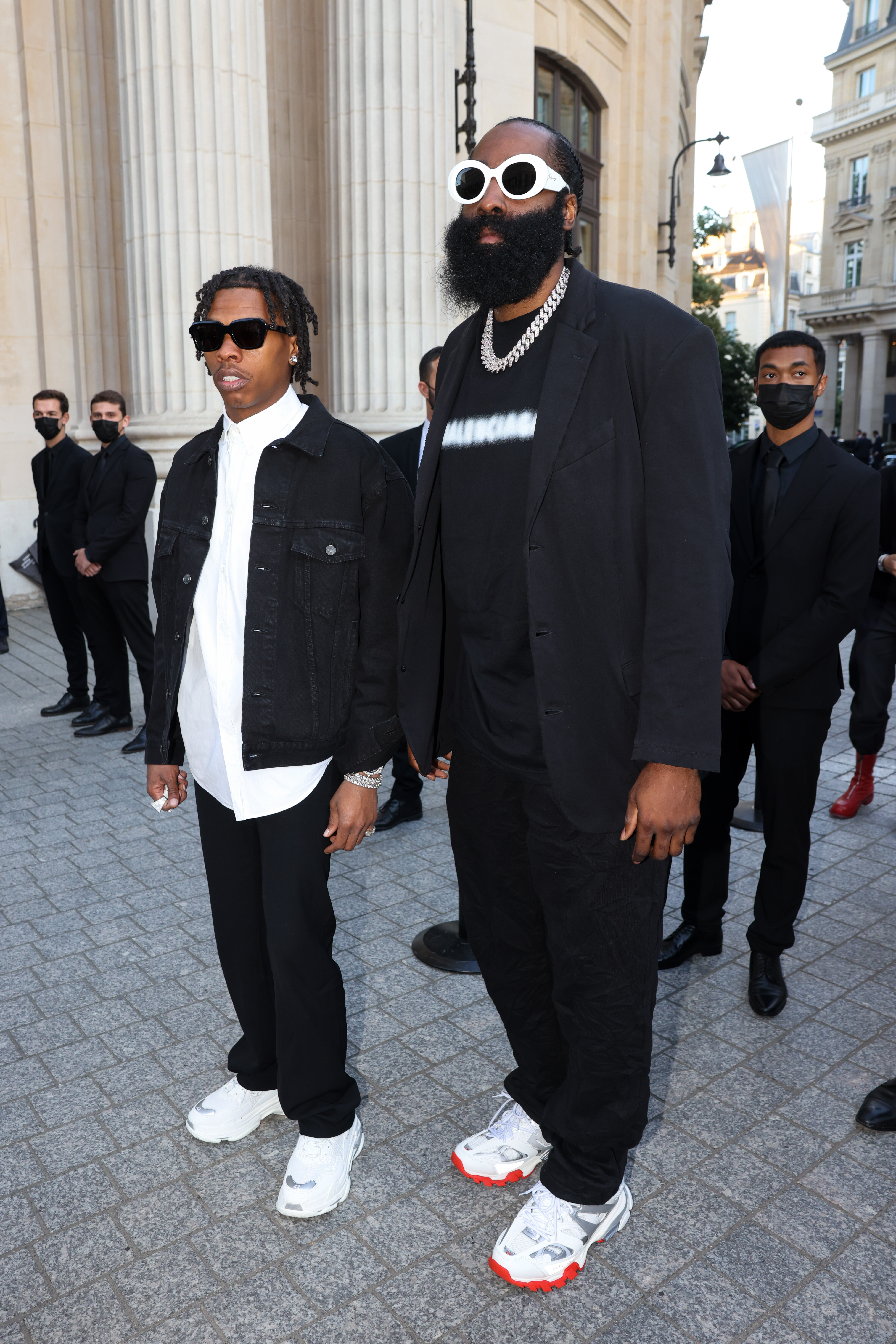 PARIS, FRANCE - JULY 07: Lil Baby and James Harden are seen arriving at a Balenciaga dinner at the Bourse De Commerce Pinault Collection on July 07, 2021 in Paris, France. (Photo by Pierre Suu/GC Images)