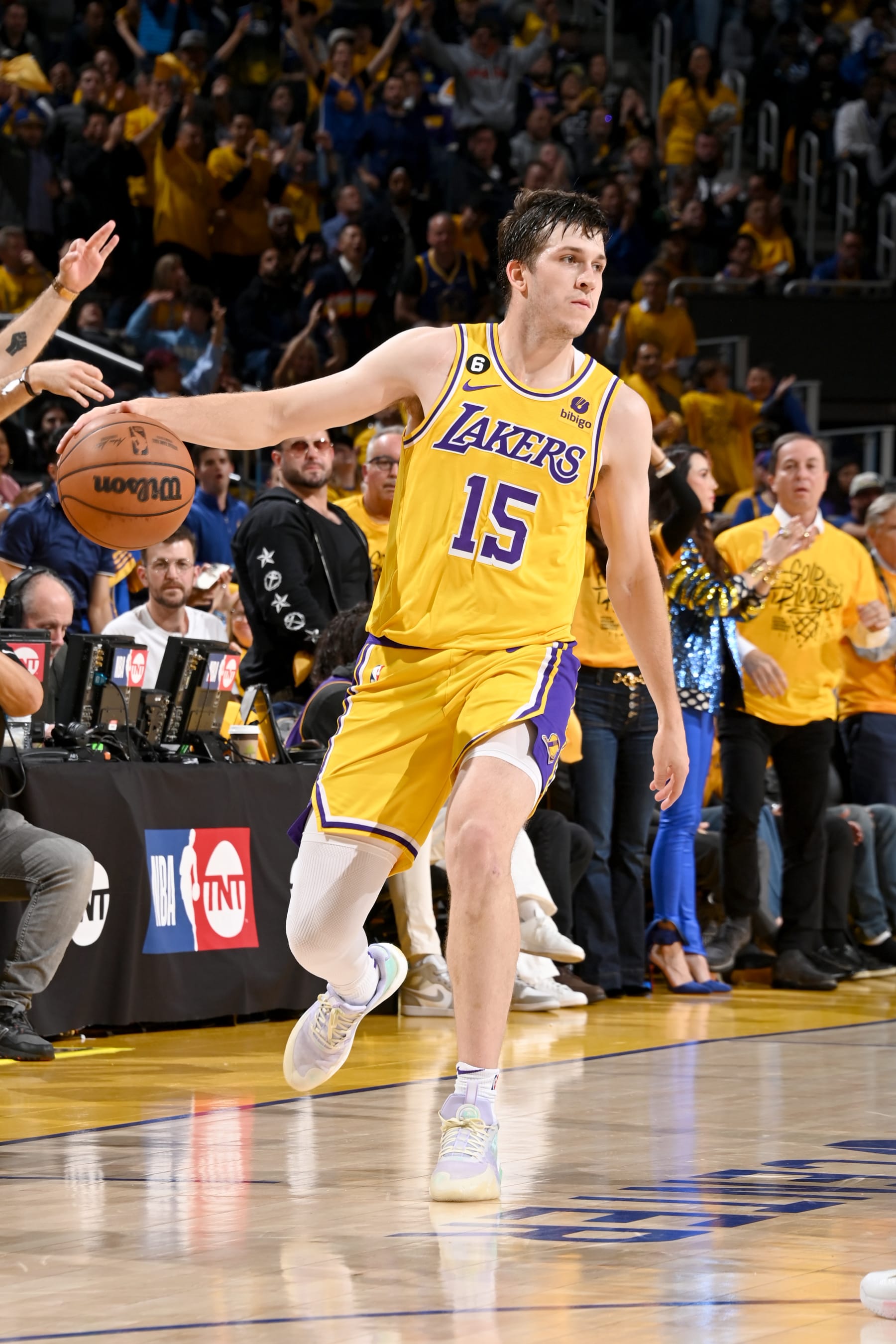 SAN FRANCISCO, CA - MAY 10:  Austin Reaves #15 of the Los Angeles Lakers dribbles the ball during Game 5 of the Western Conference Semi-Finals of the 2023 NBA Playoffs against the Golden State Warriors on May 10, 2023 at Chase Center in San Francisco, California. NOTE TO USER: User expressly acknowledges and agrees that, by downloading and or using this photograph, user is consenting to the terms and conditions of Getty Images License Agreement. Mandatory Copyright Notice: Copyright 2023 NBAE (Photo by Andrew D. Bernstein/NBAE via Getty Images)