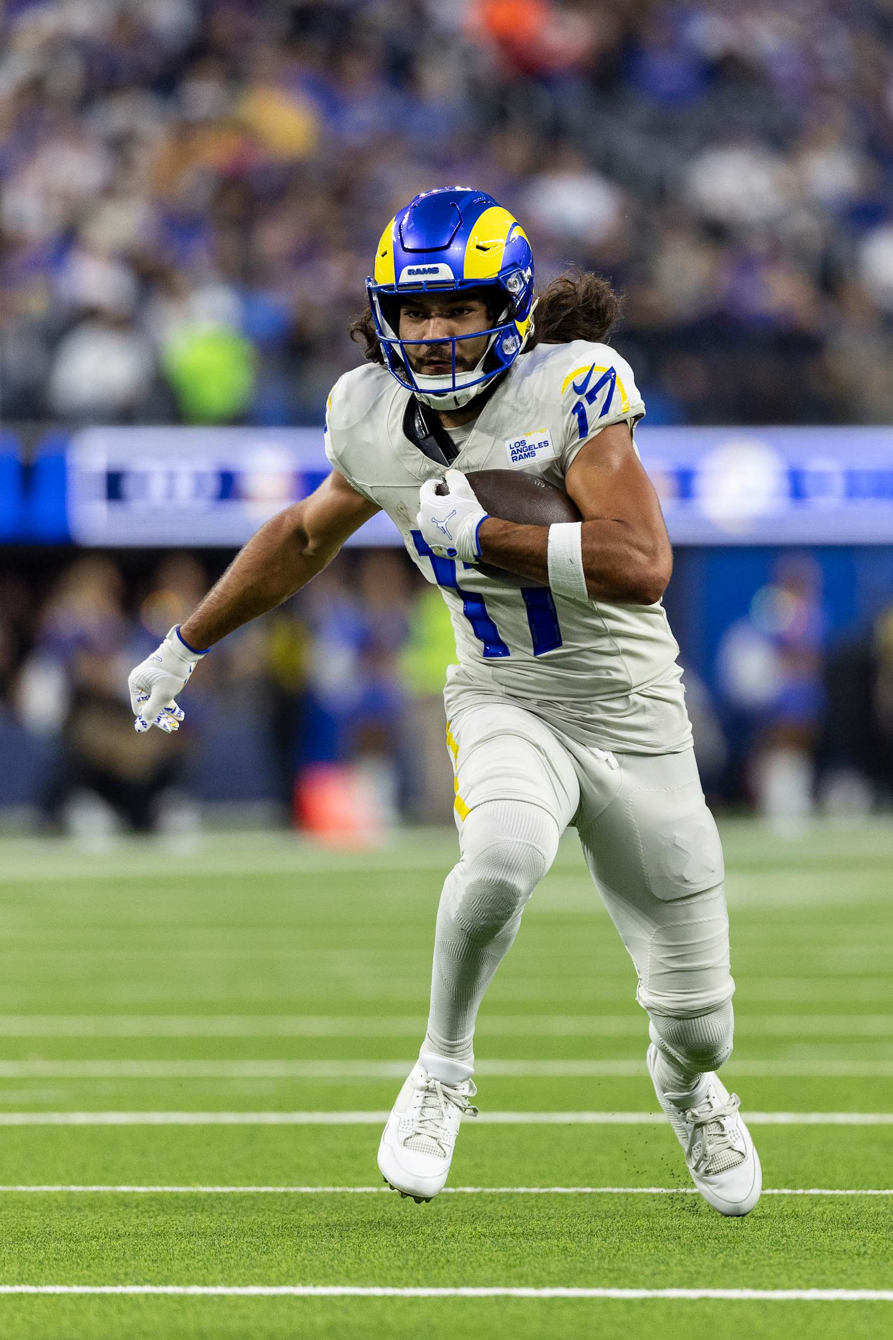 INGLEWOOD, CALIFORNIA - OCTOBER 24: Puka Nacua #17 of the Los Angeles runs with the ball during an NFL Football game against the Minnesota Vikings at SoFi Stadium on October 24, 2024 in Inglewood, California. (Photo by Michael Owens/Getty Images)