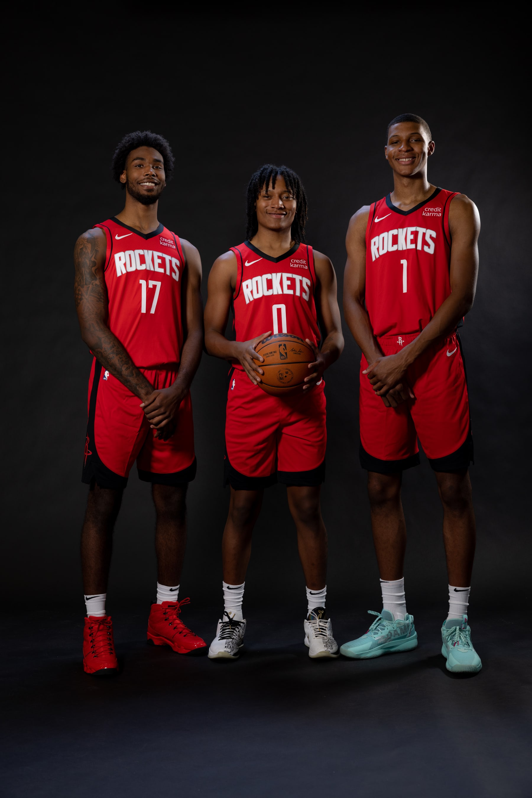LAS VEGAS, NV - JULY 15: Tari Eason #17, TyTy Washington #0 and Jabari Smith Jr. #1 of the Houston Rockets poses for a portrait during 2022 NBA Rookie Photo Shoot on July 15, 2022 at UNLV Campus in Las Vegas, Nevada. NOTE TO USER: User expressly acknowledges and agrees that, by downloading and/or using this Photograph, user is consenting to the terms and conditions of the Getty Images License Agreement. Mandatory Copyright Notice: Copyright 2022 NBAE (Photo by Michael J. LeBrecht II/NBAE via Getty Images)