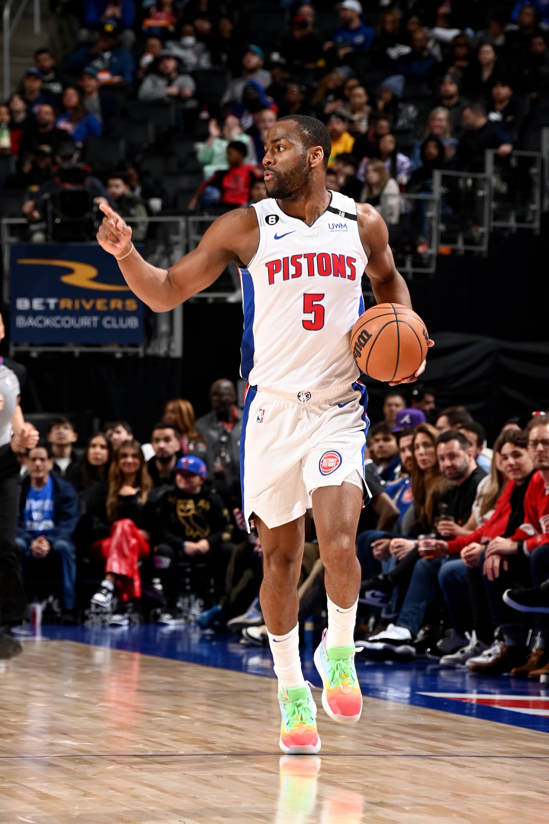 DETROIT, MI - MARCH 1: Alec Burke #5 of the Detroit Pistons handles the ball during the game against the Chicago Bulls on March 1, 2023 at Little Caesars Arena in Detroit, Michigan. NOTE TO USER: User expressly acknowledges and agrees that, by downloading and/or using this photograph, User is consenting to the terms and conditions of the Getty Images License Agreement. Mandatory Copyright Notice: Copyright 2023 NBAE (Photo by Chris Schwegler/NBAE via Getty Images)