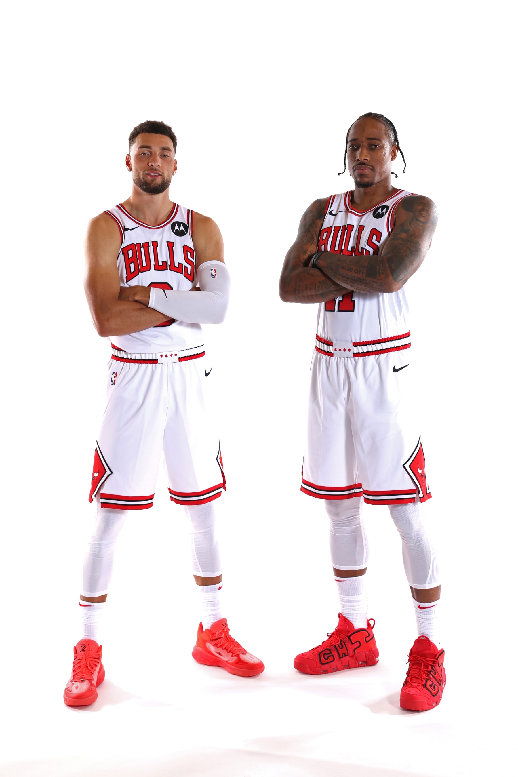 CHICAGO, IL- OCTOBER 2: Zach Lavine #8 and Demar DeRozan #11 of the Chicago Bulls poses for a portrait for Media Day at the Barclays Center in Chicago, Illinois.  NOTE TO USER: User expressly acknowledges and agrees that, by downloading and or using this photograph, User is consenting to the terms and conditions of the Getty Images License Agreement. Mandatory Copyright Notice: Copyright 2023 NBAE  (Photo by Jeff Haynes/NBAE via Getty Images)