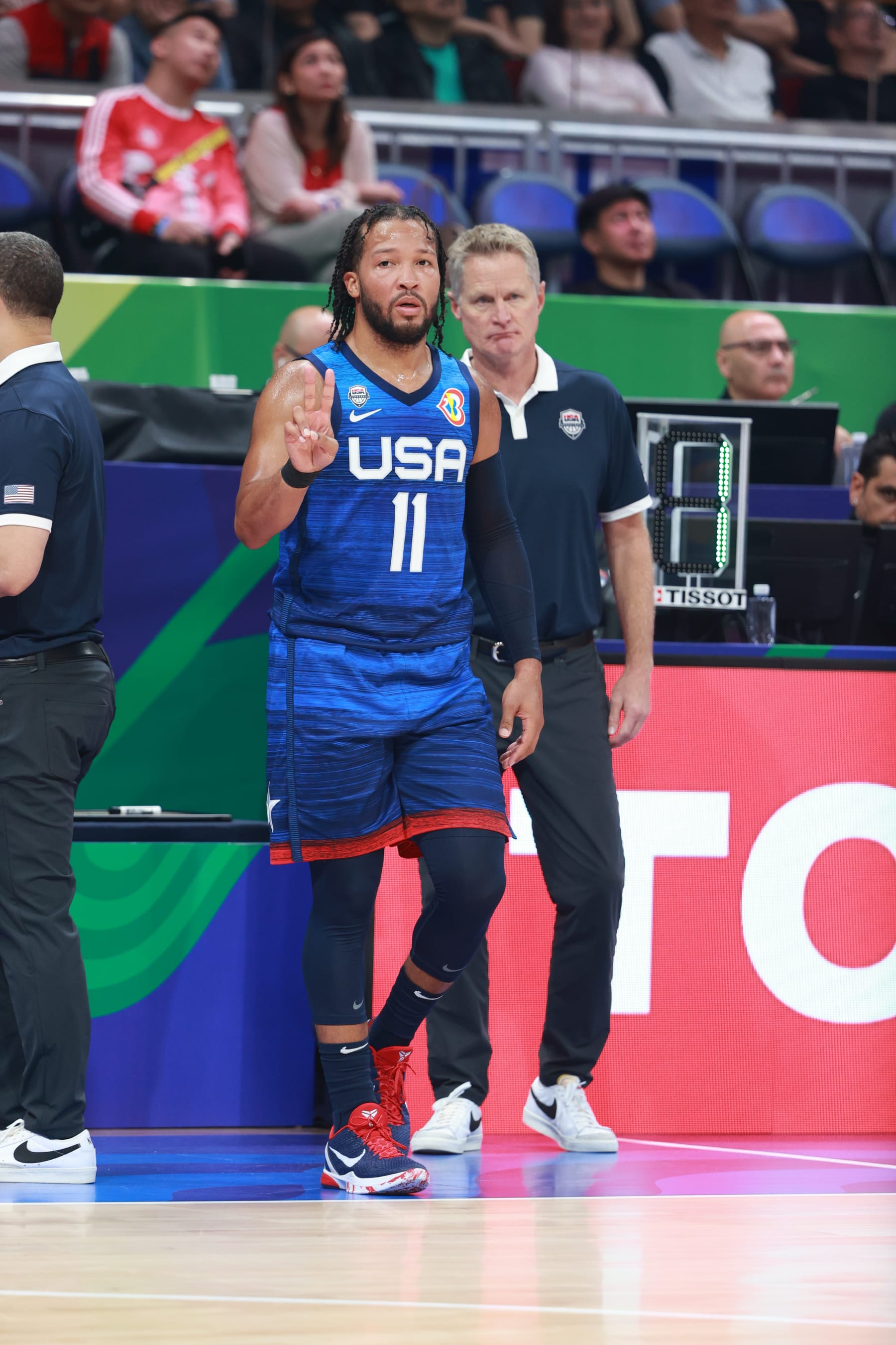 MANILA, PHILIPPINES - SEPTEMBER 5: Jalen Brunson #11 of the Senior Men's National Team looks on during the game  in the quarterfinals as part of the 2023 FIBA World Cup on September 5, 2023 at Mall of Asia Arena in Manila, Philippines. NOTE TO USER: User expressly acknowledges and agrees that, by downloading and/or using this photograph, user is consenting to the terms and conditions of the Getty Images License Agreement. Mandatory Copyright Notice: Copyright 2023 NBAE (Photo by Nathaniel S. Butler/NBAE via Getty Images)