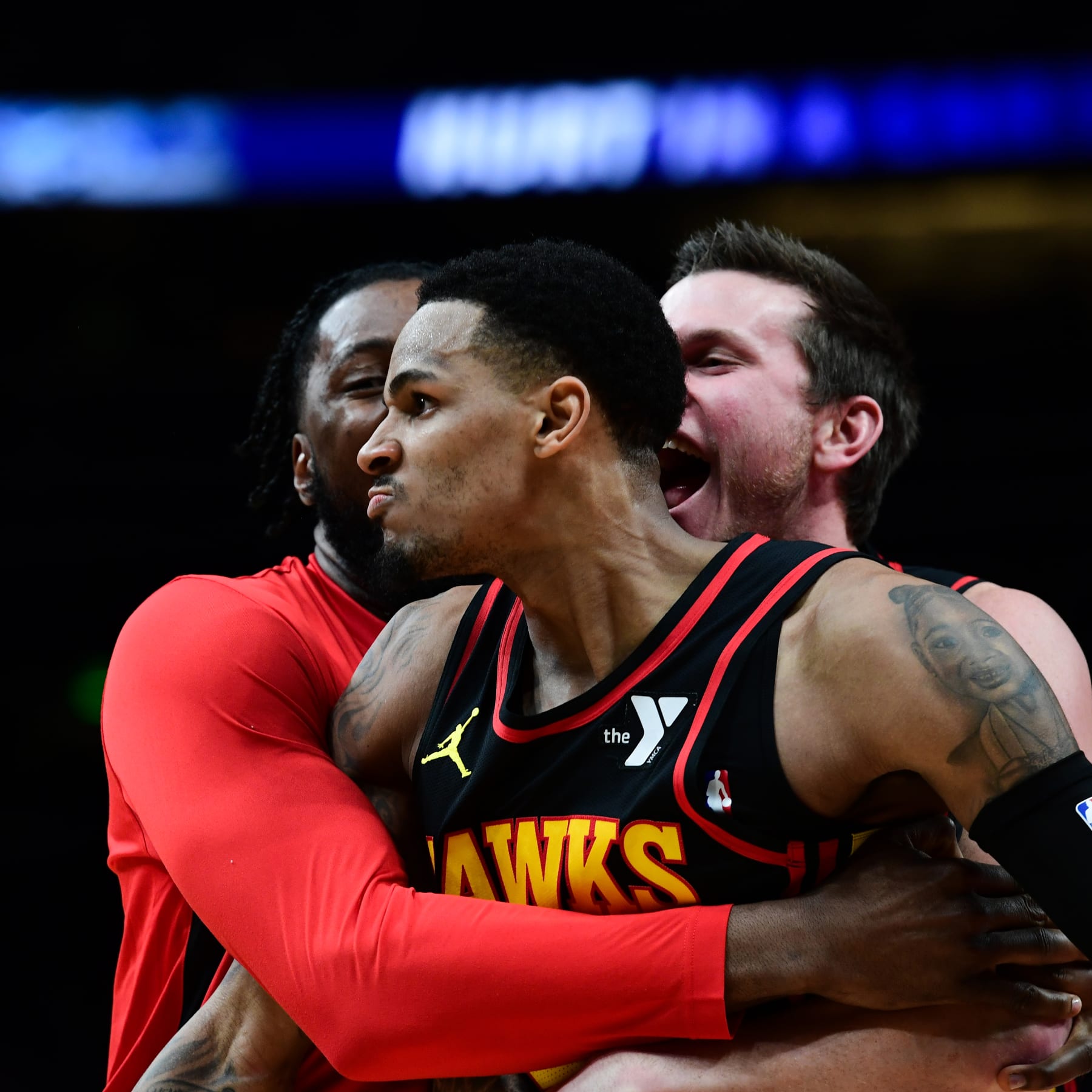 ATLANTA, GA - MARCH 28: Dejounte Murray #5 of the Atlanta Hawks celebrates after scoring the game winning shot during the game against the Boston Celtics on March 28, 2024 at State Farm Arena in Atlanta, Georgia.  NOTE TO USER: User expressly acknowledges and agrees that, by downloading and/or using this Photograph, user is consenting to the terms and conditions of the Getty Images License Agreement. Mandatory Copyright Notice: Copyright 2024 NBAE (Photo by Scott Cunningham/NBAE via Getty Images)